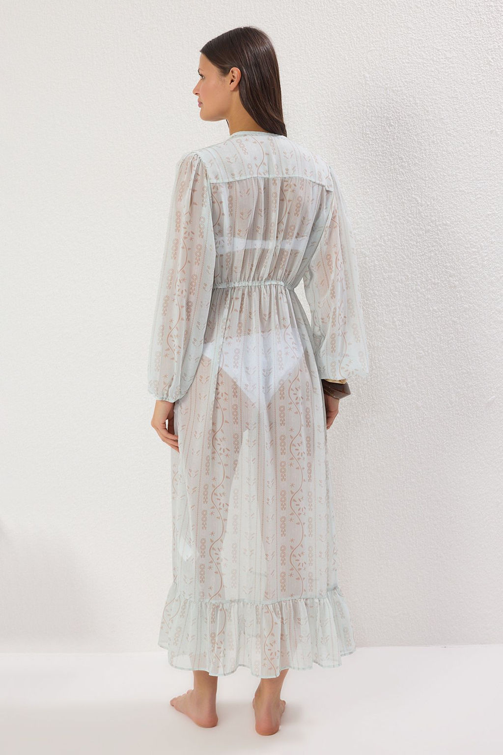 Cicek Desenli Maxi Dokuma Balon Kollu Plaj Kimono&Kaftan TBESS25KM00015 - Trendyolmilla фото 5