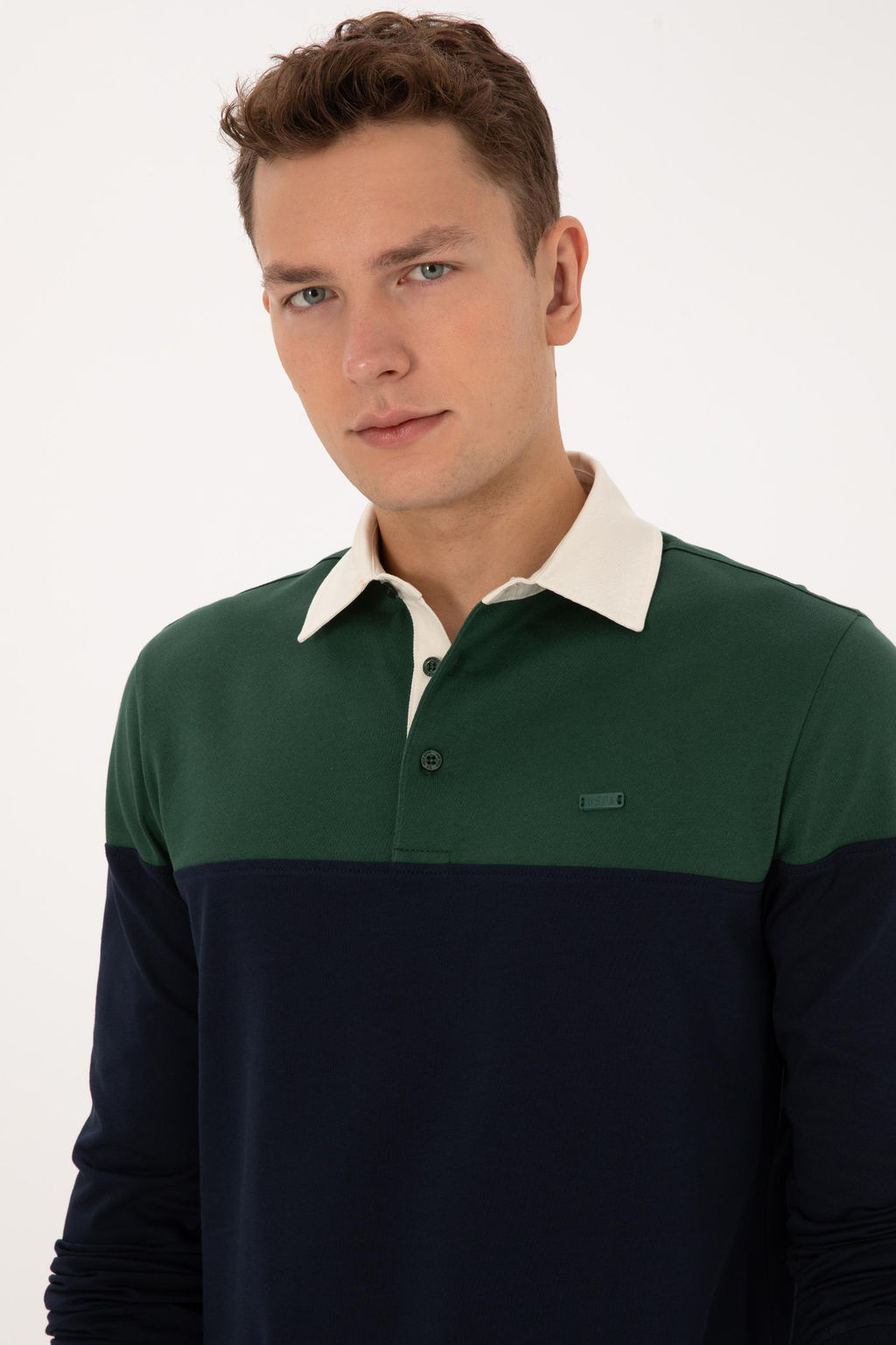 Erkek Regular Fit Polo Yaka Koyu Ye_il Sweatshirt