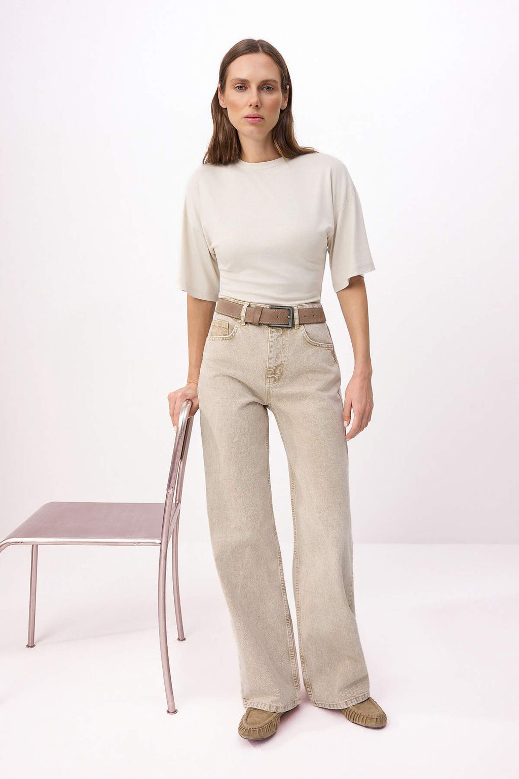 Bej Yuksek Bel %100 Pamuk Wide Leg Genis Paca Jeans TWOSS26JE00181 - Trendyolmilla фото 2