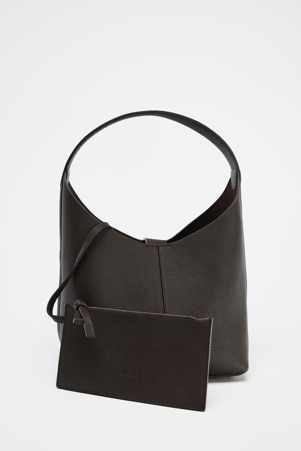 GRAINED EFFECT LEATHER BUCKET BAG - Zara фото 4