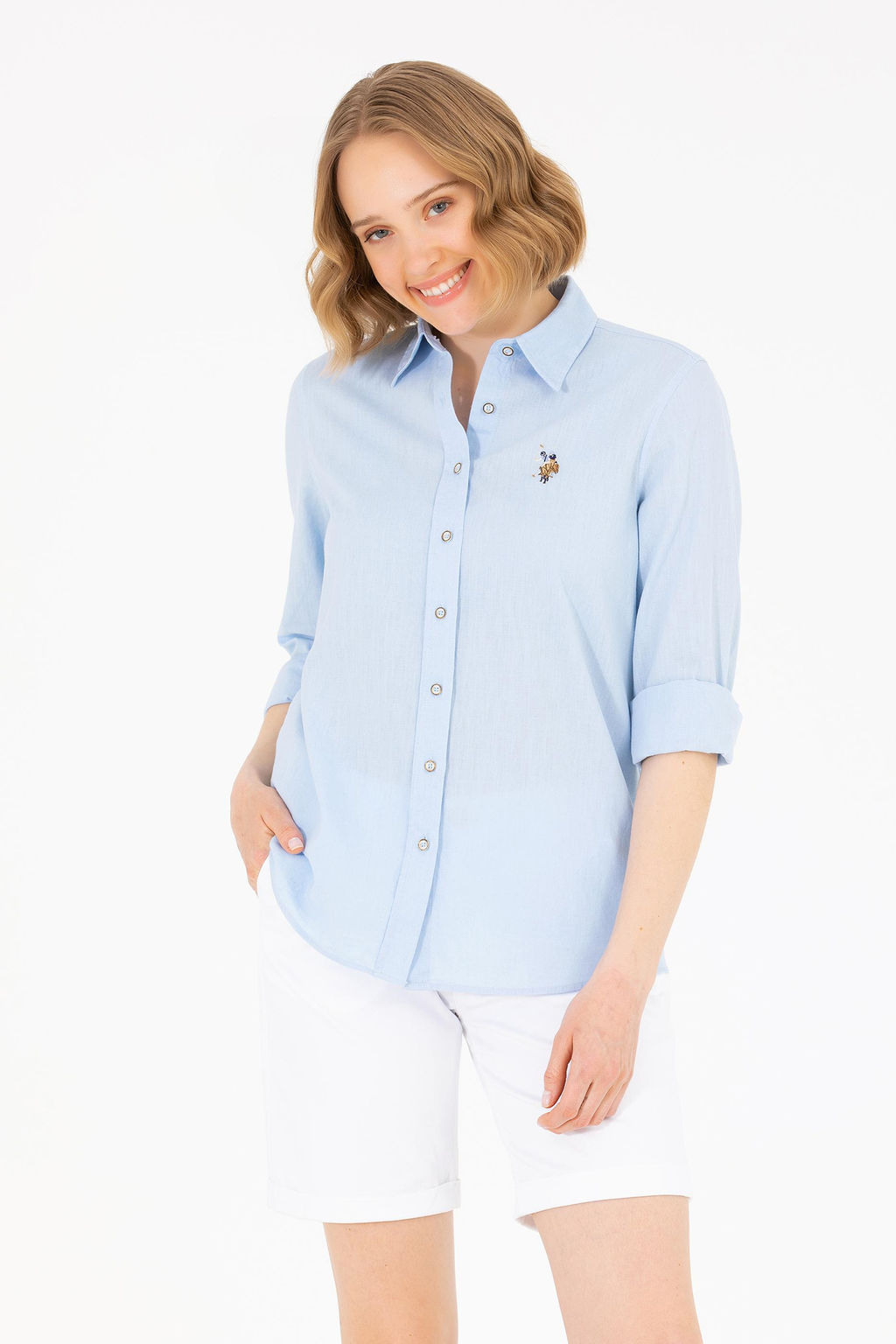 Женская голубая рубашка с длинным рукавом Basic - U.s. polo assn фото 16