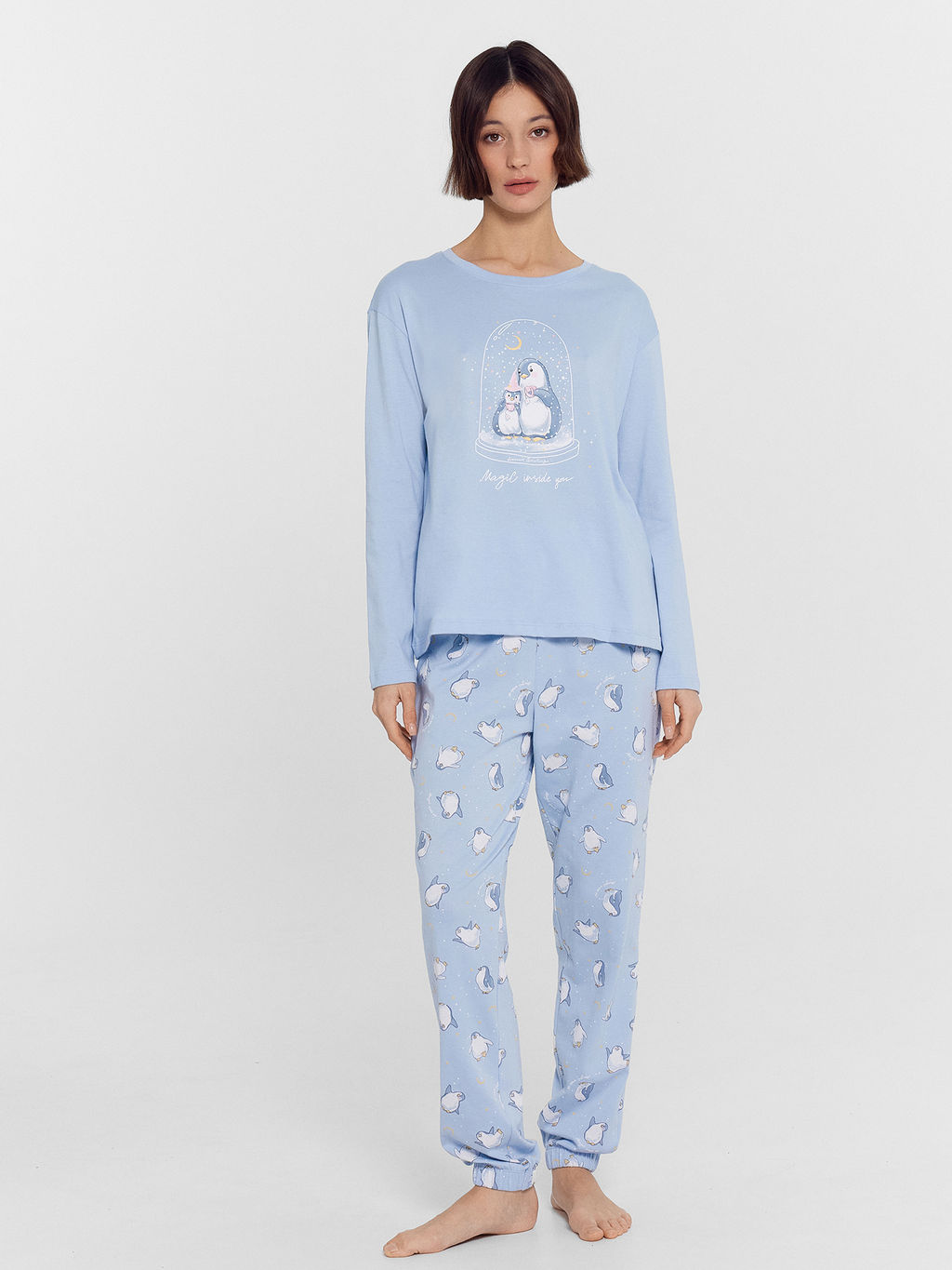 Пижама женская голубая с принтом пингвины