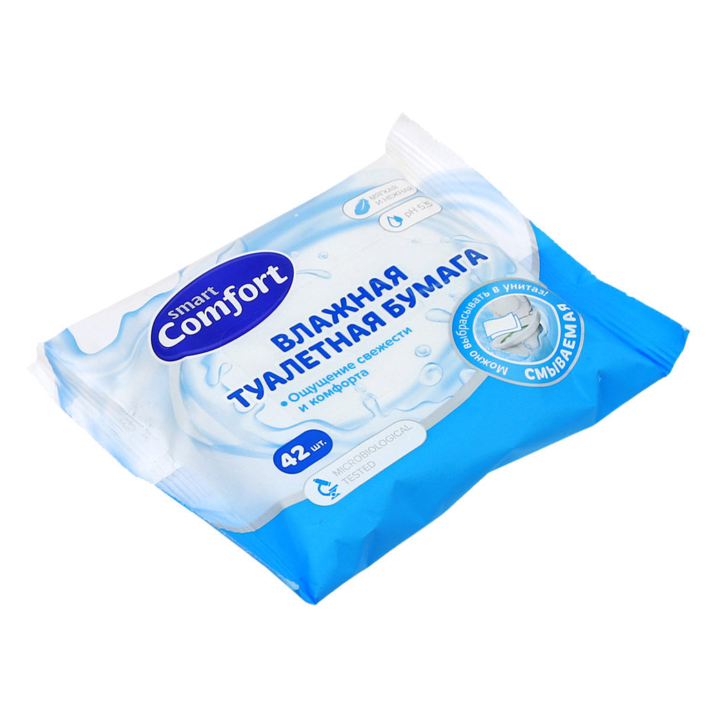 Туалетная бумага влажная "Comfort smart" 42шт в упаковке 16,5х13,5х2см, смываемая, с лосьоном, рН5.5 (Россия)
