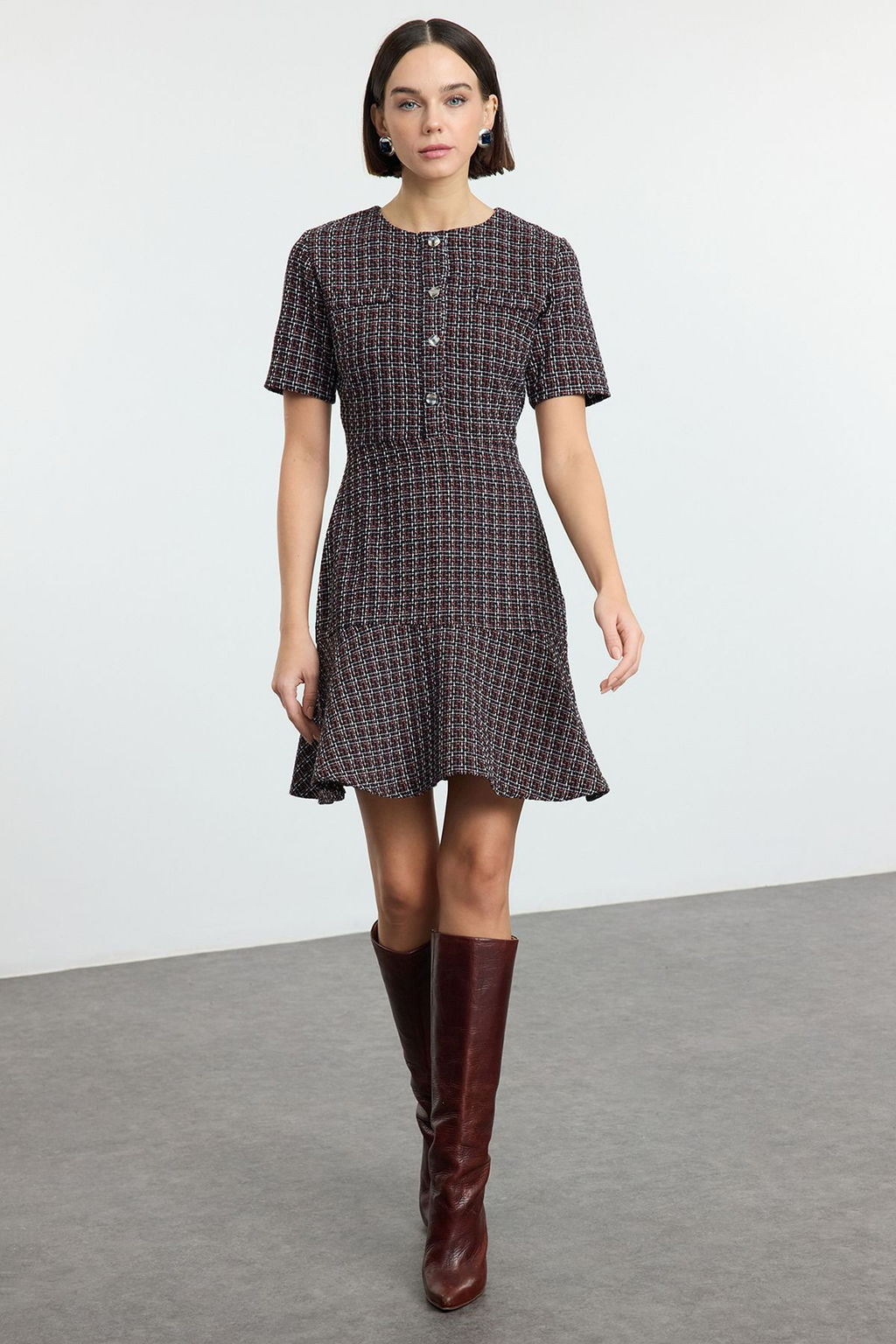 TRENDYOLMILLA Indigo Etegi Belden Ac?lan Bisiklet Yaka Mini Tuvit Dokuma Elbise TWOAW25EL00280 фото 2