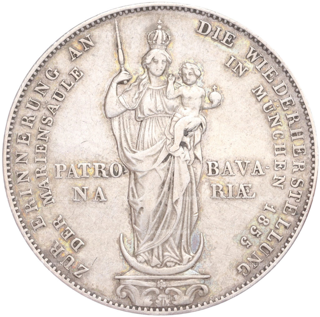 2 гульдена 1855 года Бавария Восстановление колонны Мадонны в Мюнхене