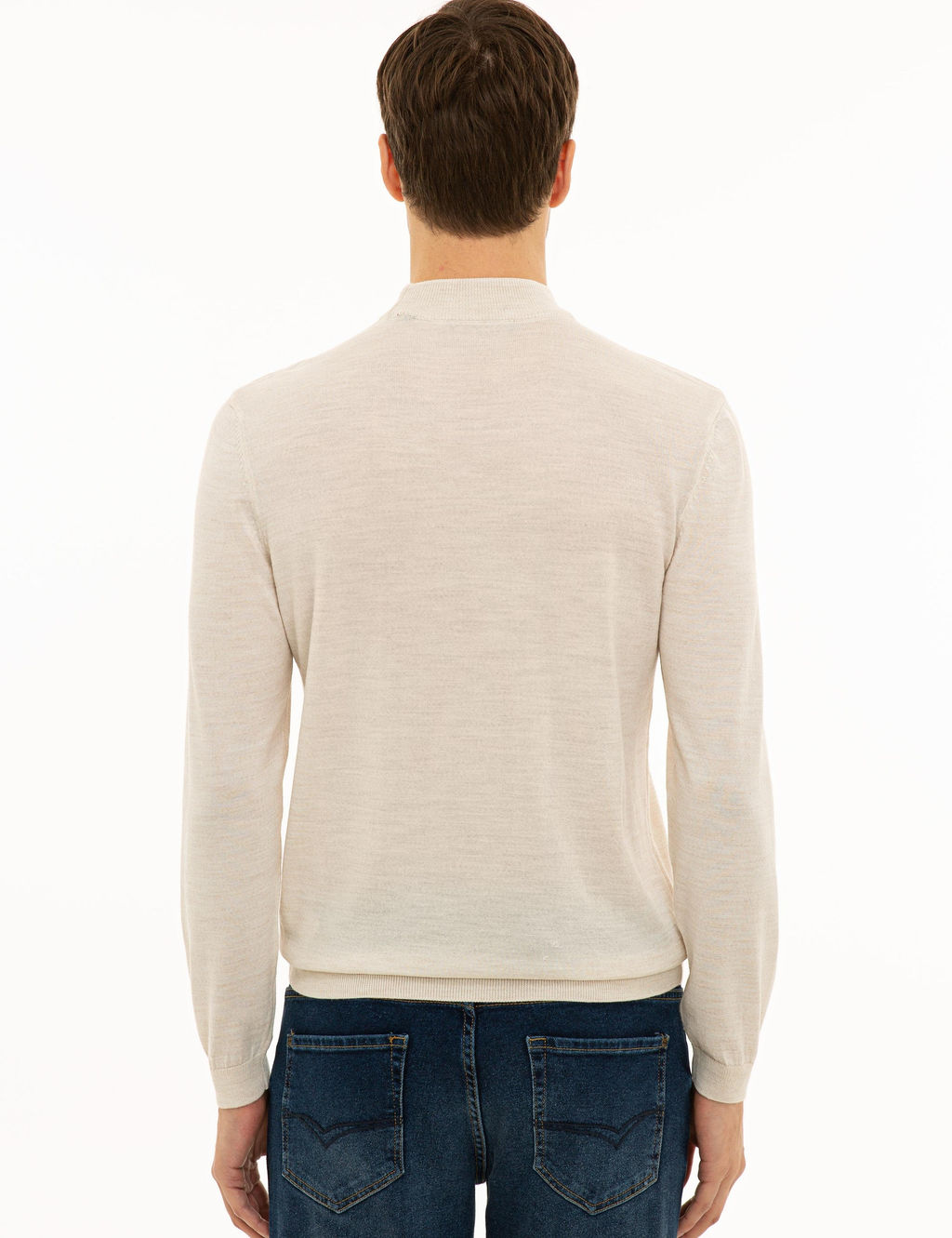 Бежевый базовый трикотажный свитер приталенного кроя с четверть-черепаховым воротником - Cacharel фото 4