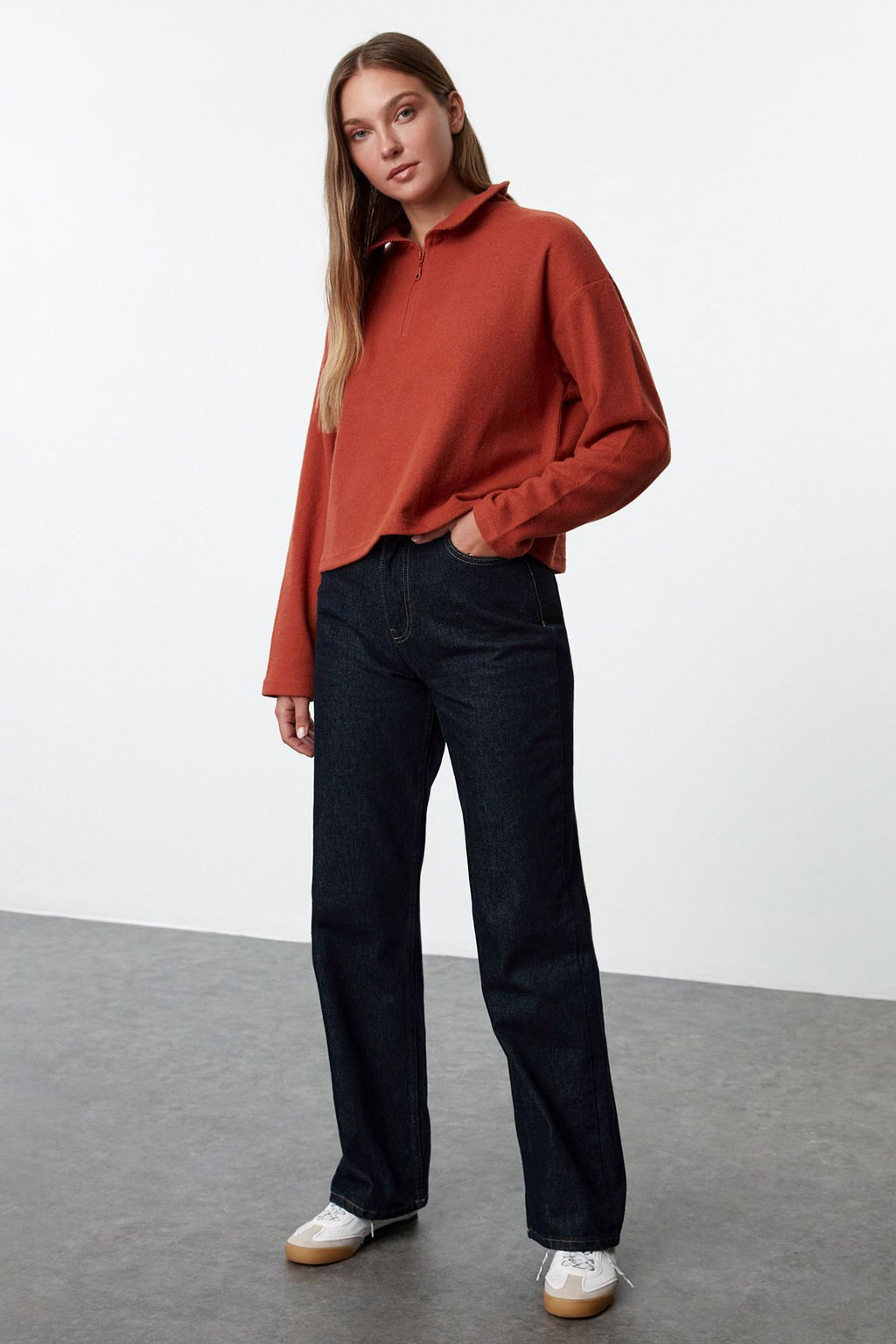 TRENDYOLMILLA Gri Selanik/Triko Gorunumlu Fermuarl? Yaka Regular/Normal Kal?p Orme Sweatshirt TWOAW22SW0732 фото 2