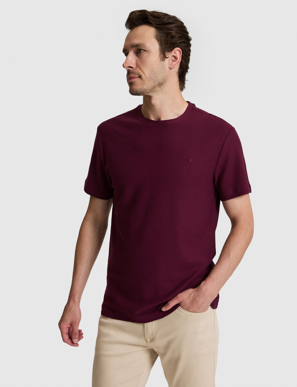 Bordo Slim Fit Saf Pamuk _nce Fitilli Bisiklet Yaka T-shirt