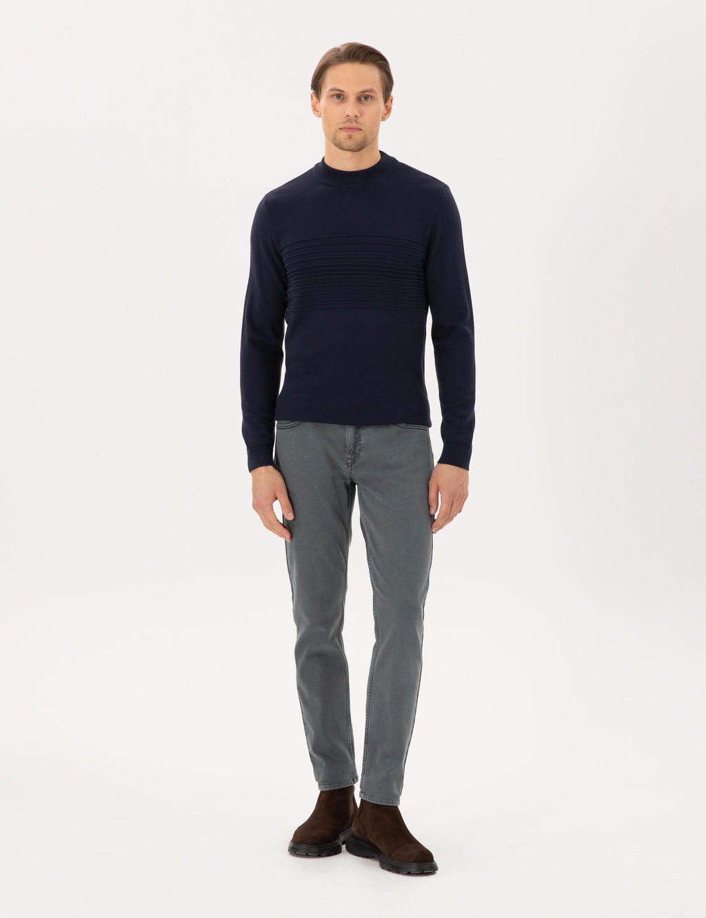 Lacivert Slim Fit Bato Yaka Y_n Kar___ml_ Triko Kazak