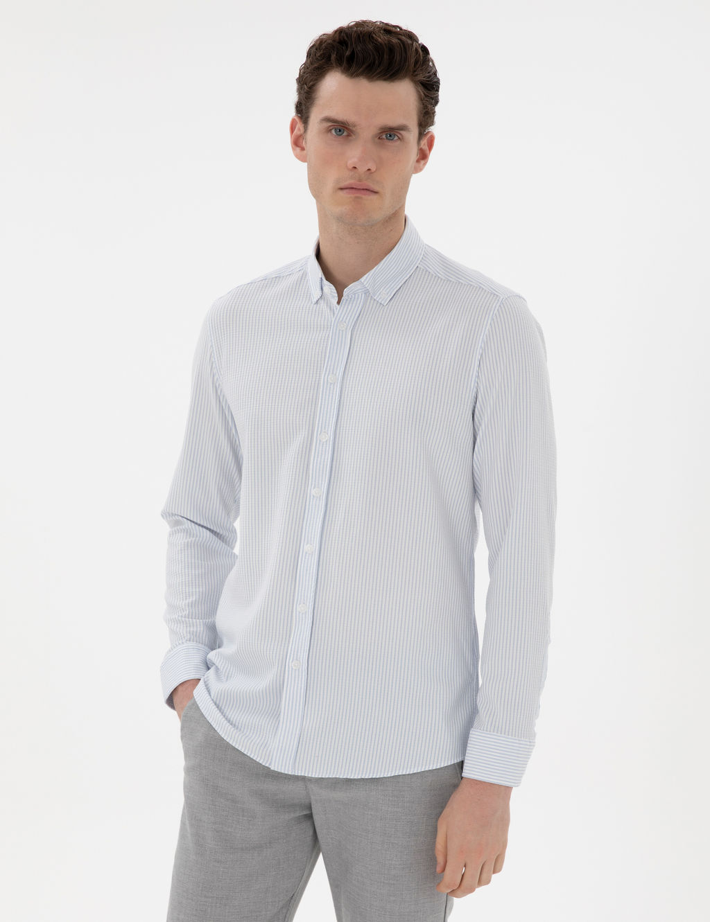 A__k Mavi Slim Fit _izgili Uzun Kollu G_mlek