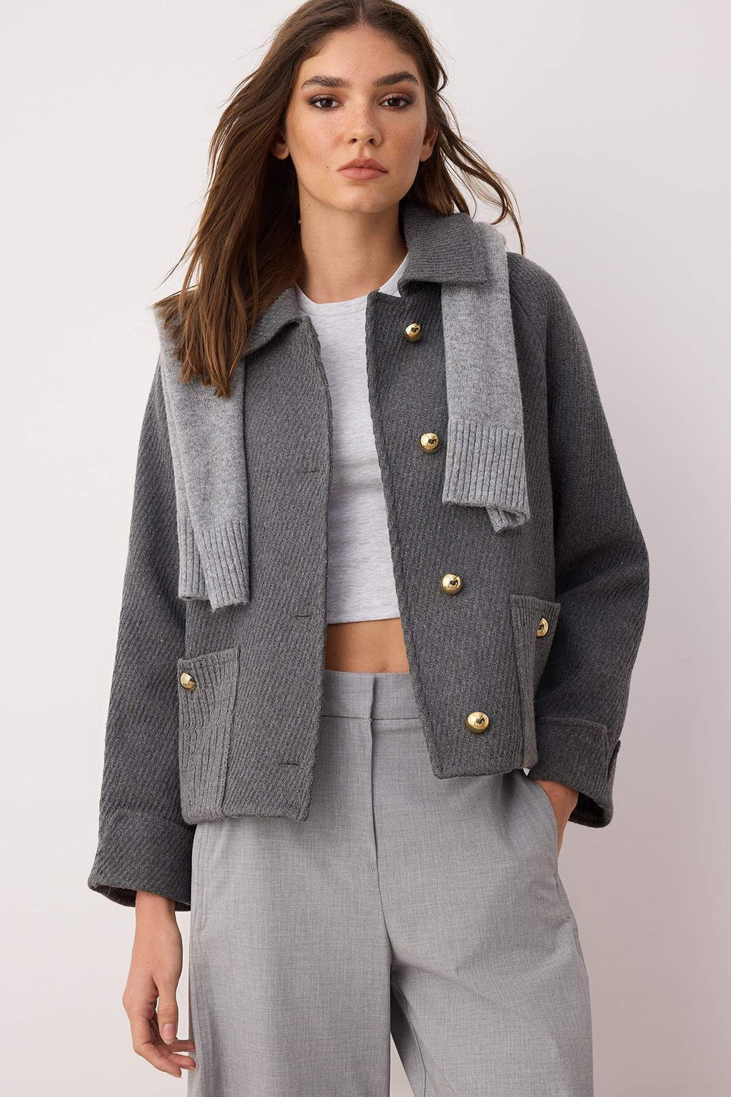 Gri Regular Kal?p Kase Triko Cep Detayl? Ince Ceket Mont TWOAW26MO00113 - Trendyolmilla фото 3