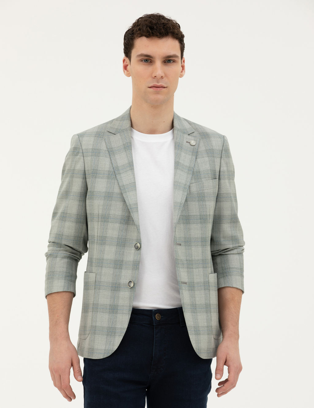 A__k Ye_il Slim Fit %100 Y_n Ekose Ceket