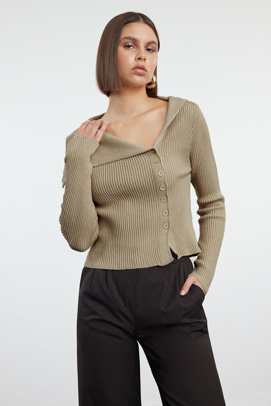 Bej Merserize Gorunumlu Premium Iplik/Ozel Iplik Fitted/Vucudu Saran Triko H?rka TWOAW25HI00254