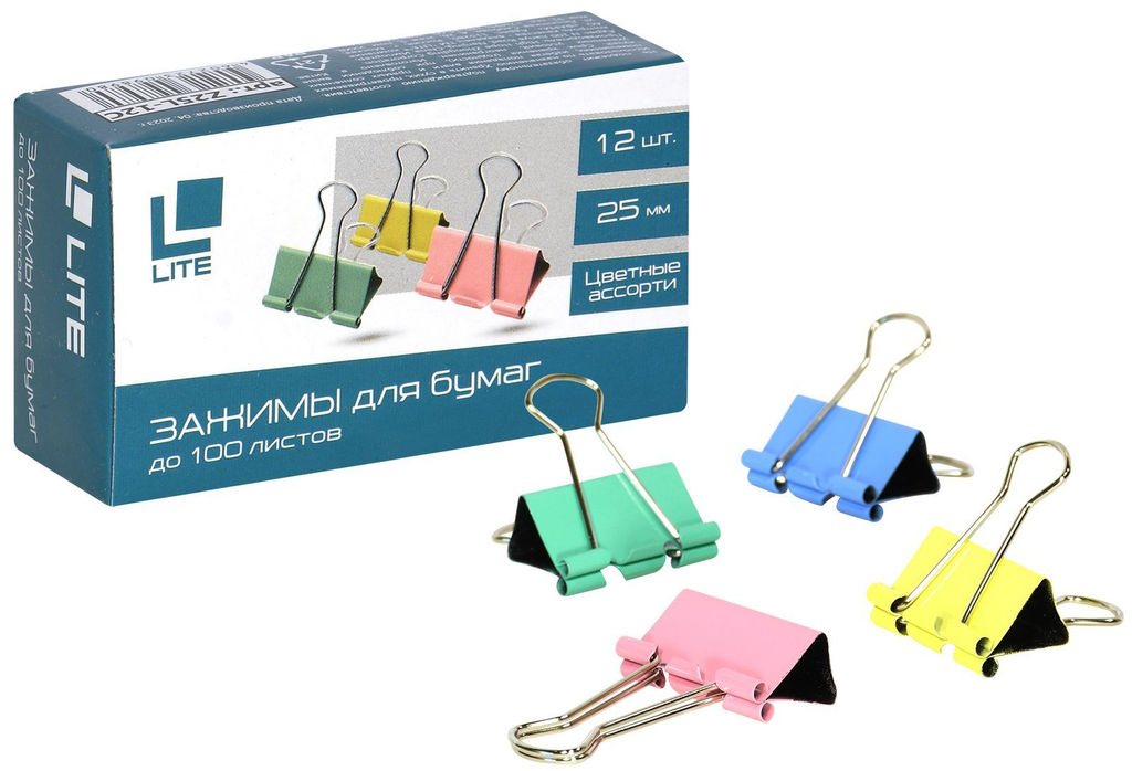 Цена за 10 шт. Зажим для бумаг LITE 25 мм ассорти, металл, 1 шт