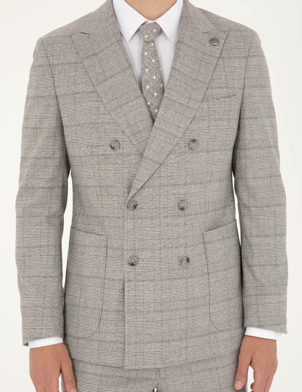 Gri Extra Slim Fit Ekose Kruvaze Tak_m Elbise