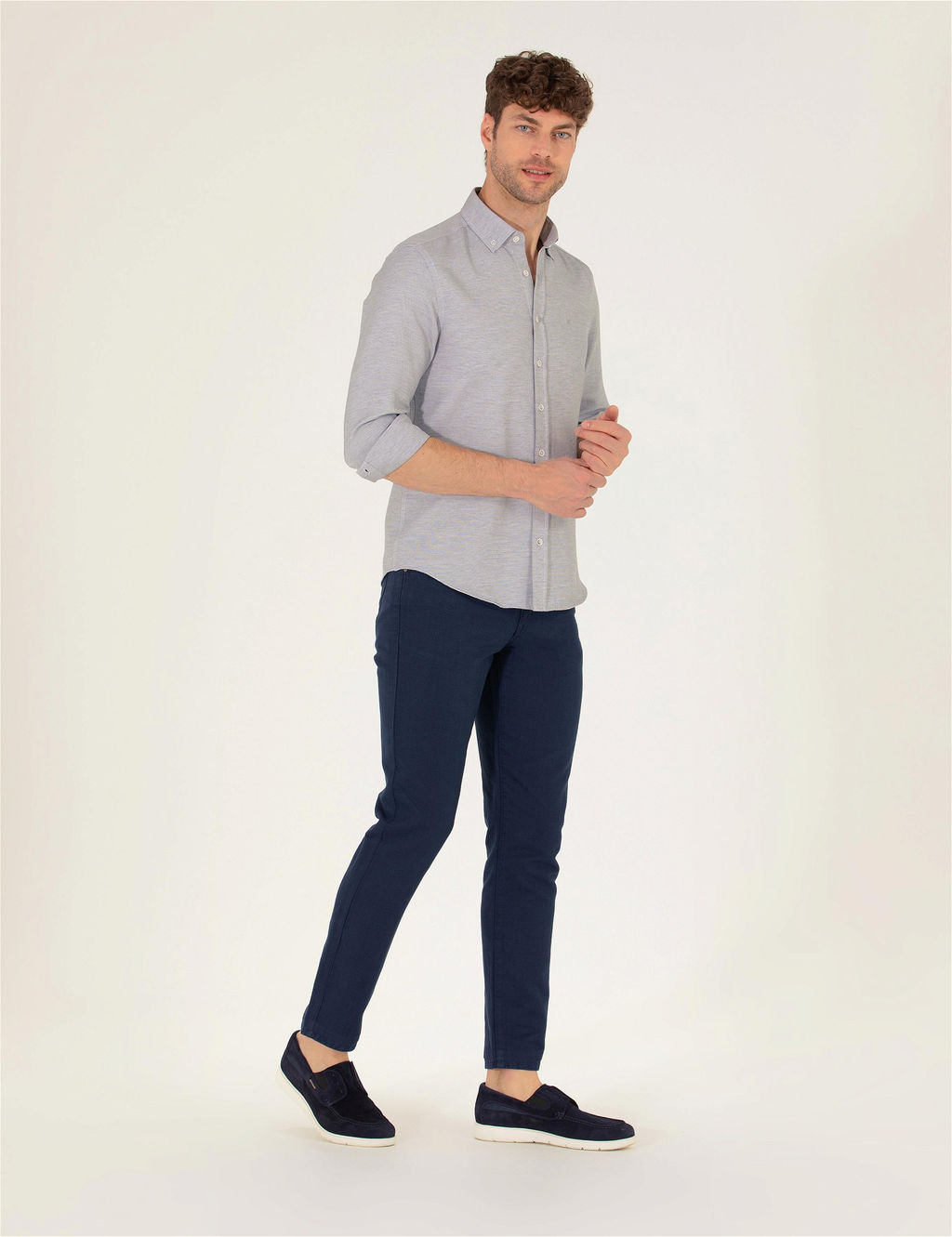 Lacivert Slim Fit Keten Kar___ml_ Kanvas Pantolon