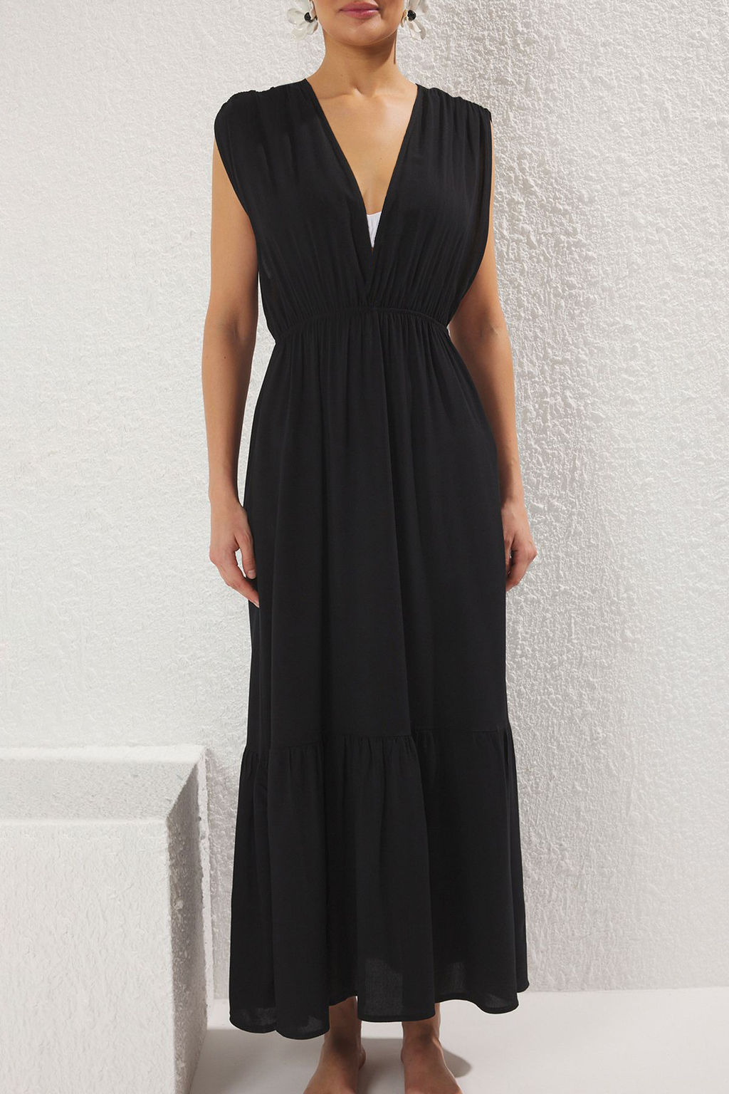 Cicek Desenli Dokuma S?rt Dekolteli %100 Pamuk Maxi Plaj Elbise TBESS25EL00100 - Trendyolmilla фото 11