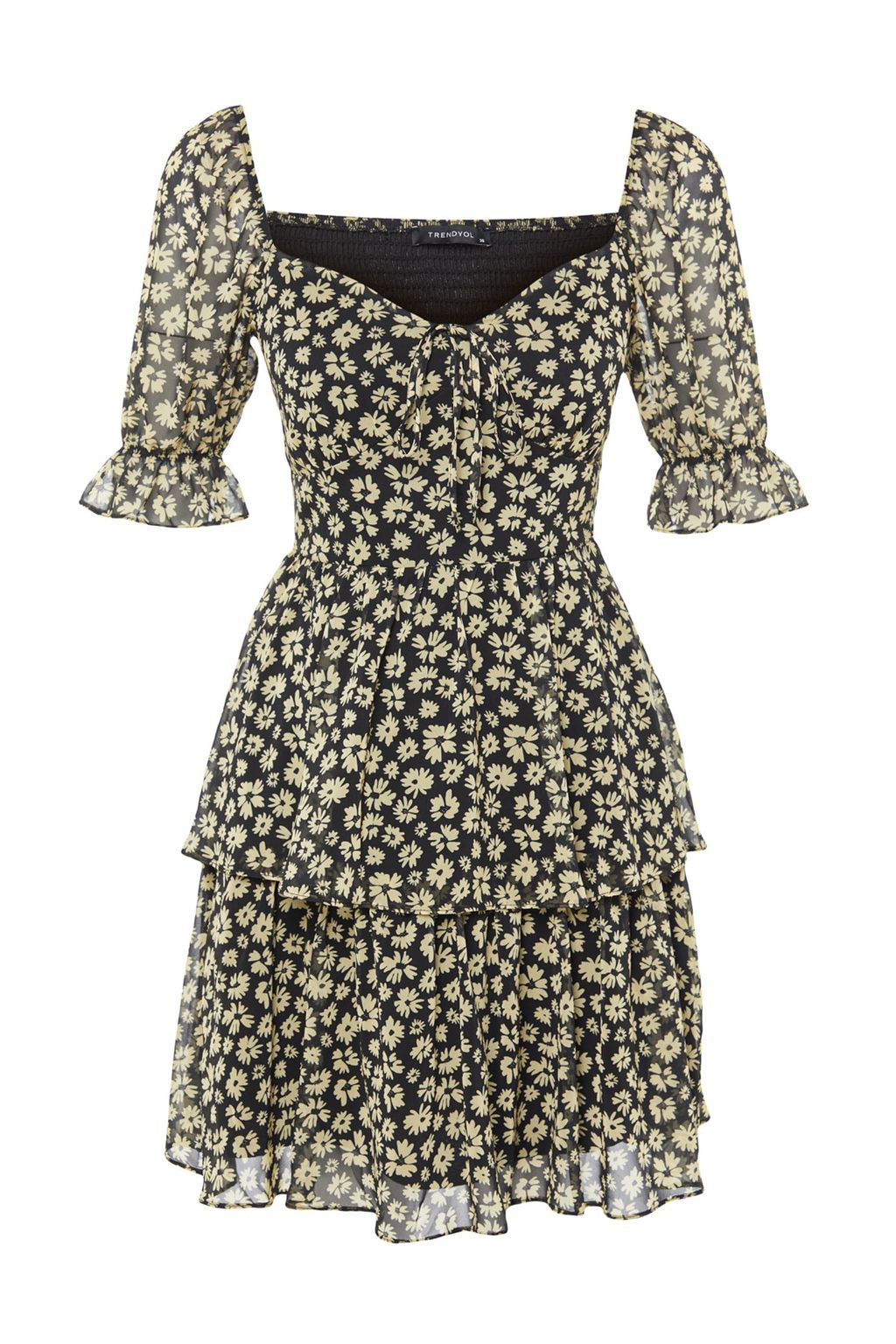 Siyah Cicekli Etegi Volanl? Skater/Belden Ac?lan Sifon Mini Astarl? Dokuma Elbise TWOSS22EL2772