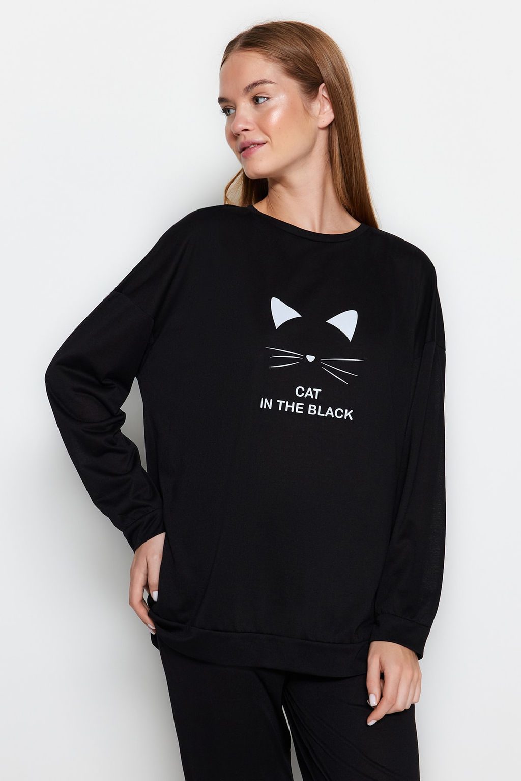 Trendyolmilla Siyah-Beyaz %100 Pamuklu Bask?l? Orme Pijama Tak?m? THMAW22PT0611  фото 2