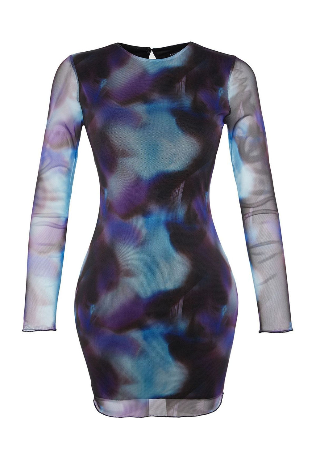 TRENDYOLMILLA Mavi Bask?l? Tul Fitted/Vucuda Oturan Esnek Mini Orme Elbise TWOAW24EL00135