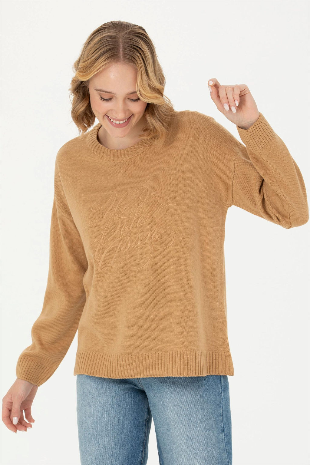 Женский свитер песочного цвета с круглым вырезом - U.s. polo assn фото 2