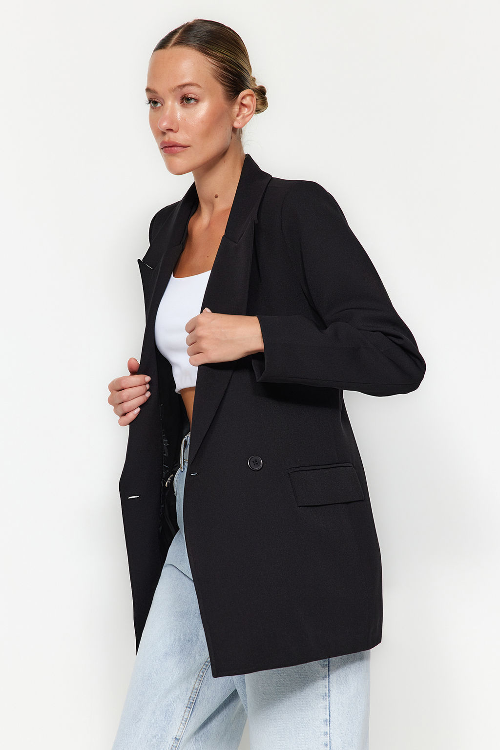 Siyah Regular Astarl? Kruvaze Kapama Dokuma Blazer Ceket TWOSS20CE0059