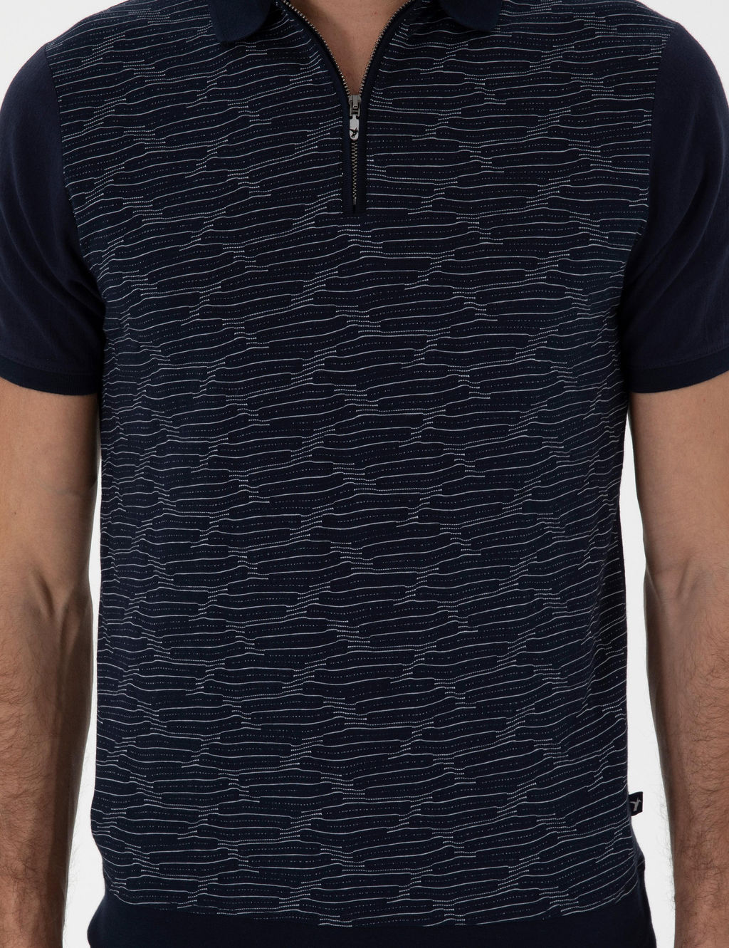 Lacivert Regular Fit Fermuarl_ Polo Yaka Desenli T-shirt