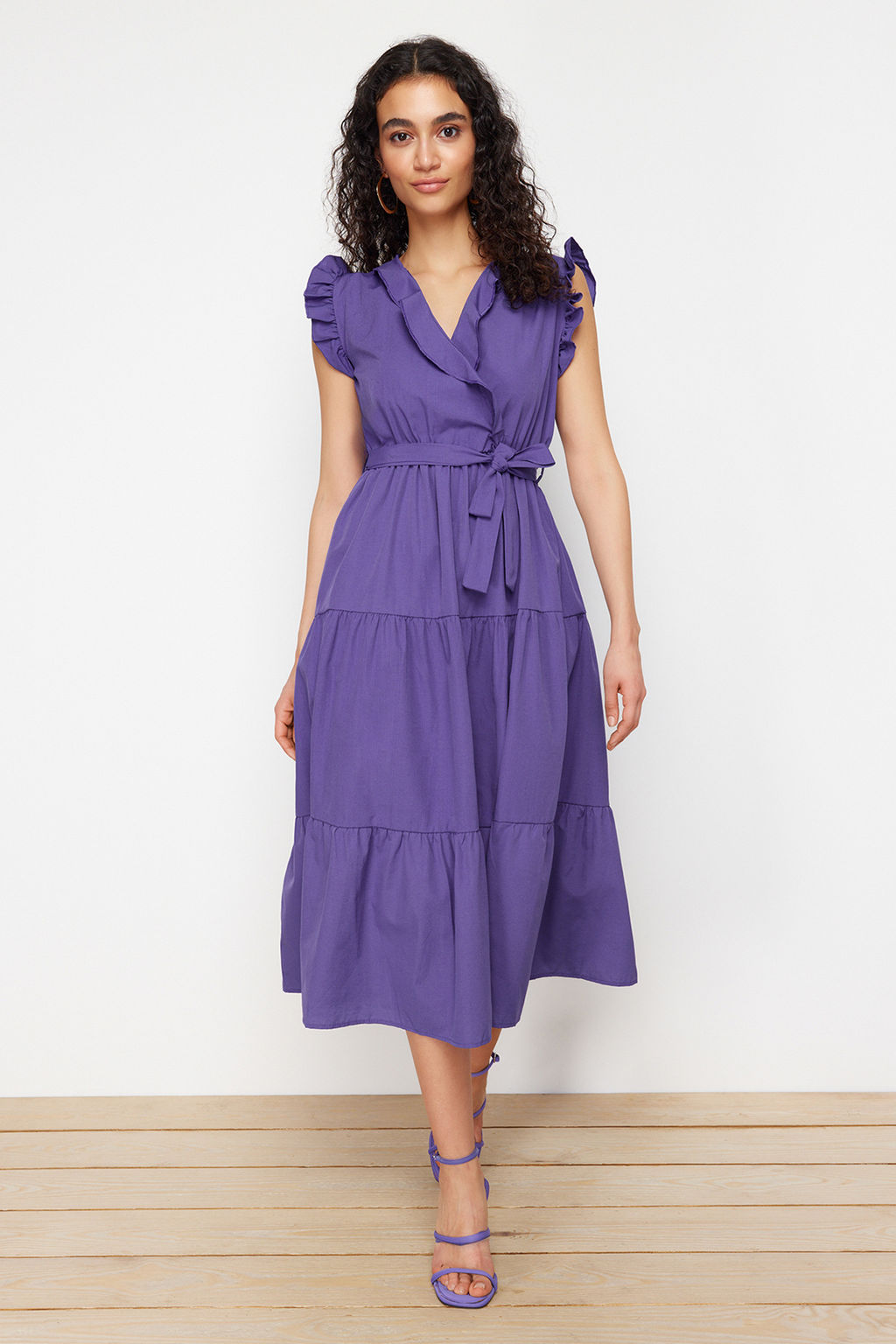 Mor Kusakl? A Kesim Kruvaze Yaka Midi Dokuma Elbise TWOSS24EL00914