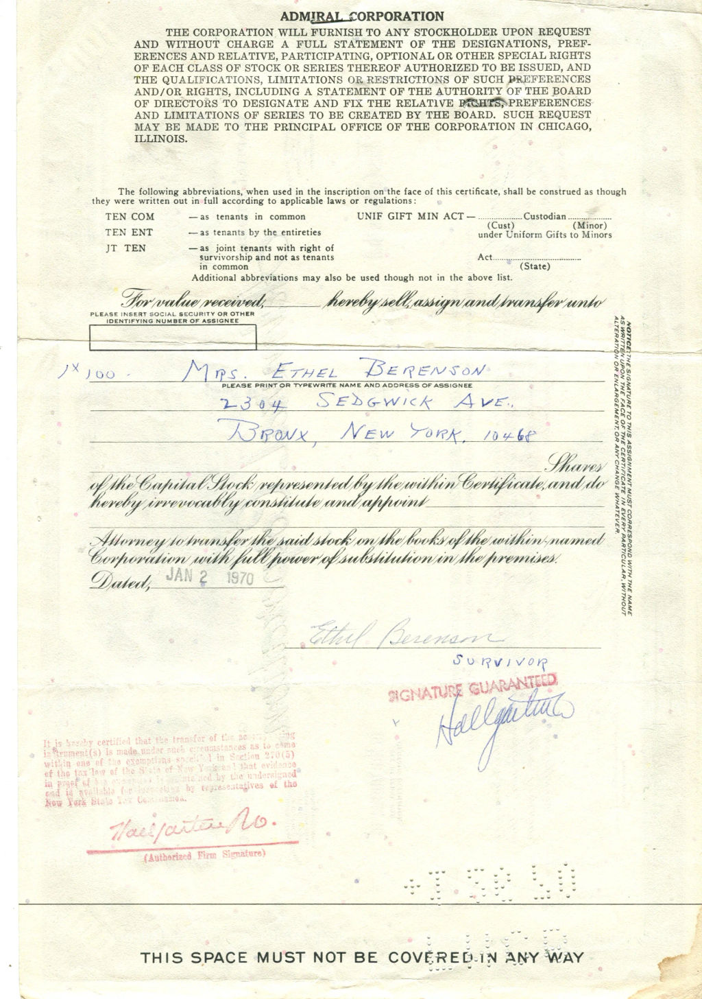 Сертификат передаточный на 100 акций Admiral Corporation 1967 года (США)