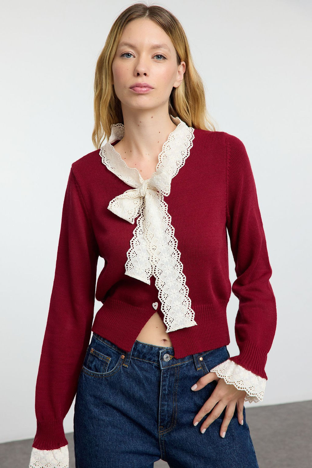 Bordo Crop Dantel Garnili Renk Bloklu Triko H?rka TWOAW25HI00251