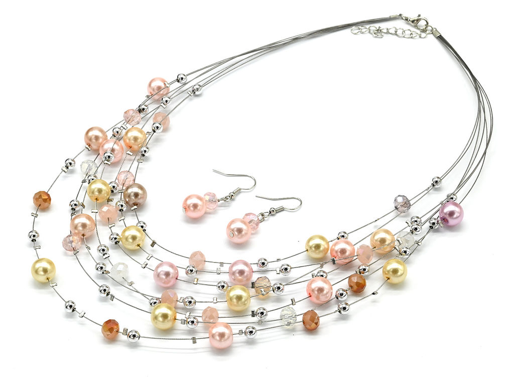 Воздушное колье и серьги 7нитей из майорки и циркона цв.ассорти, 45см