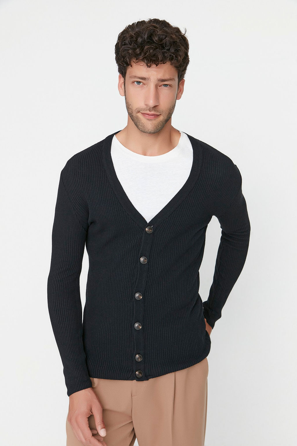 TRENDYOL MAN Antrasit Slim Fit Pamuklu Dar Kal?p V Yaka Dugmeli Fitilli Orgu H?rka TMNAW21HI0100 - Trendyolmilla фото 3