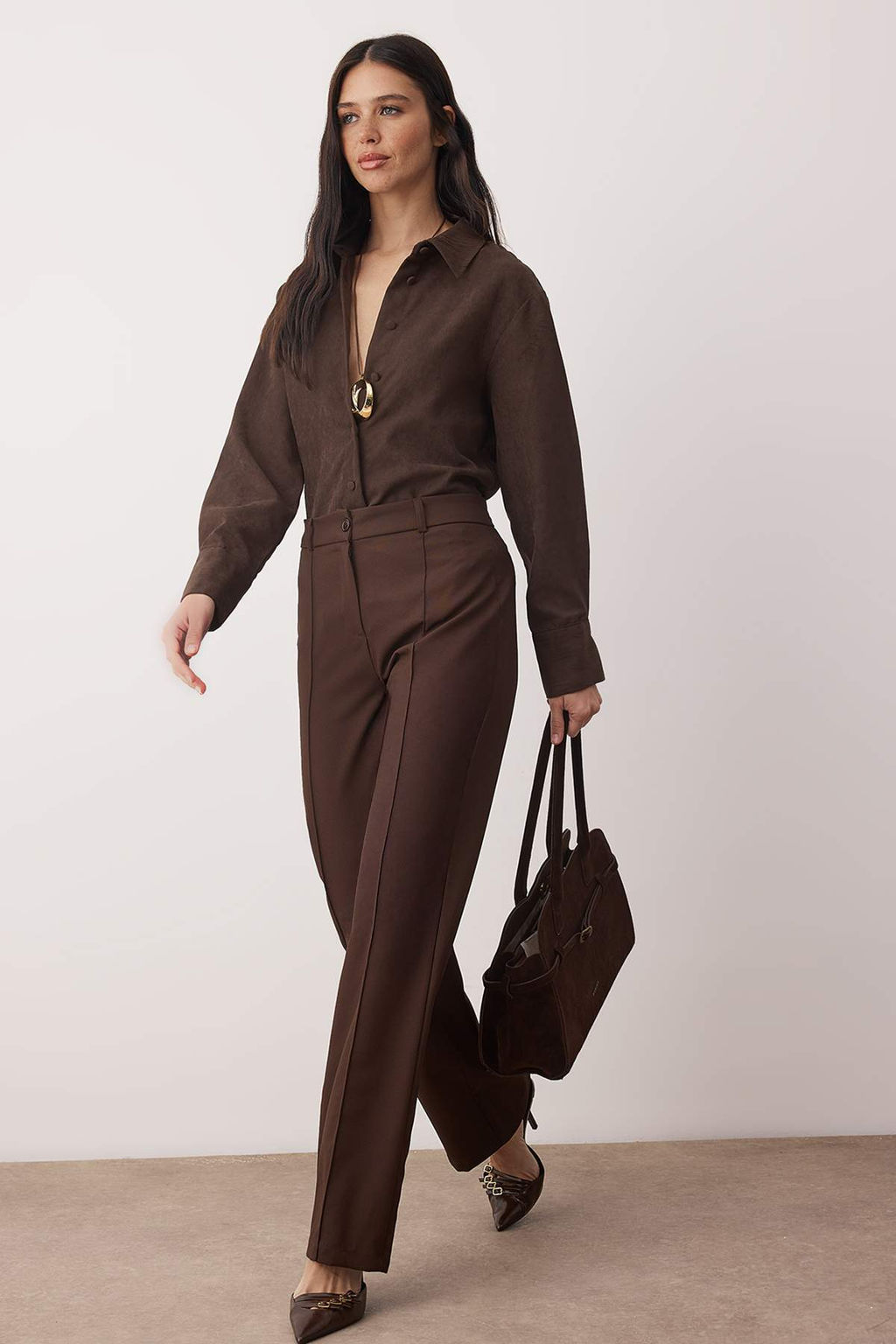 Koyu Kahverengi Straight/Duz Kesim Yuksek Bel Nervur Dikisli Dokuma Pantolon TWOSS21PL0093