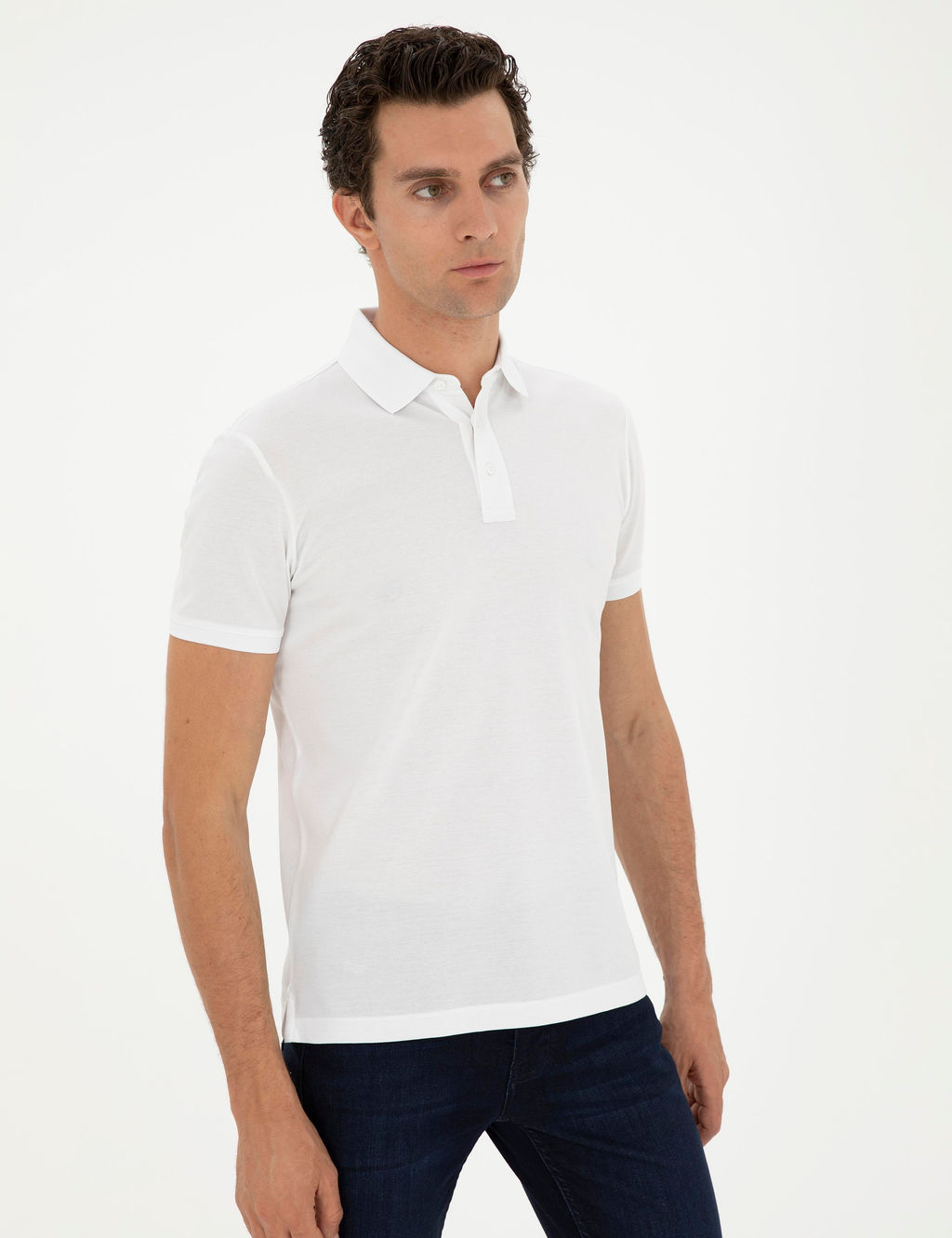 Beyaz Slim Fit Polo Yaka Merserize T-shirt