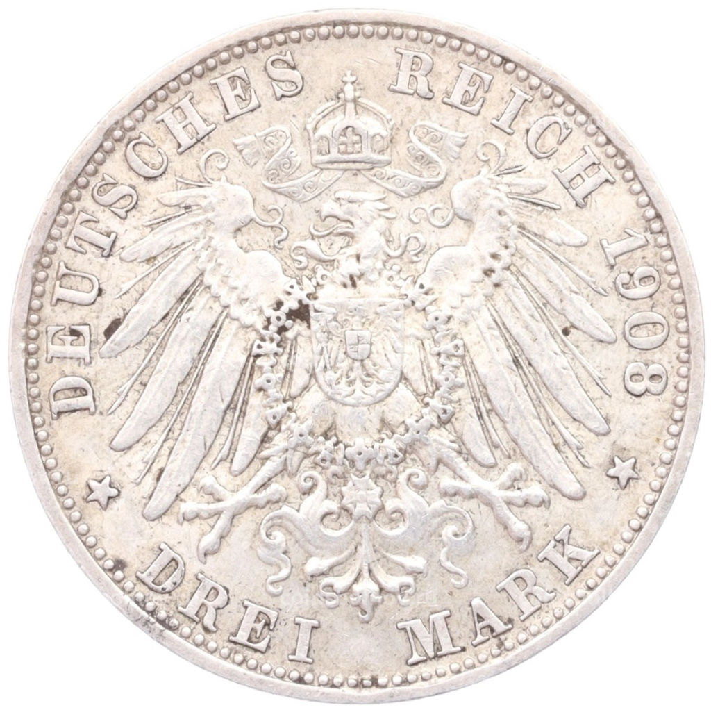 Монета 3 марки 1908 года D Германия (Бавария)