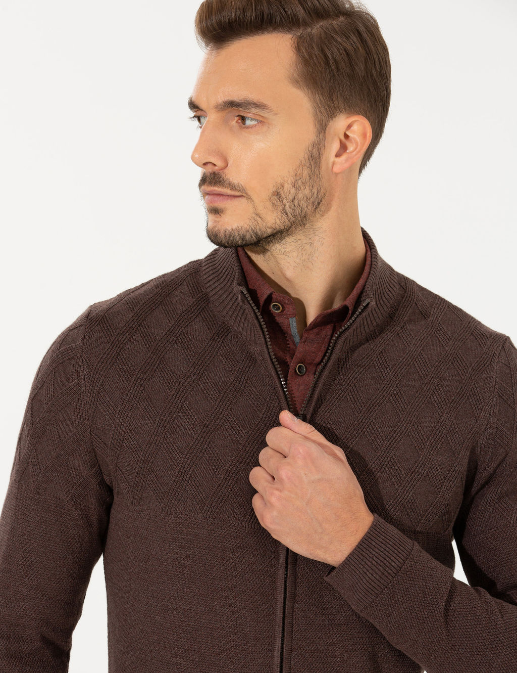 A__k Kahverengi Slim Fit Fermuarl_ Triko H_rka