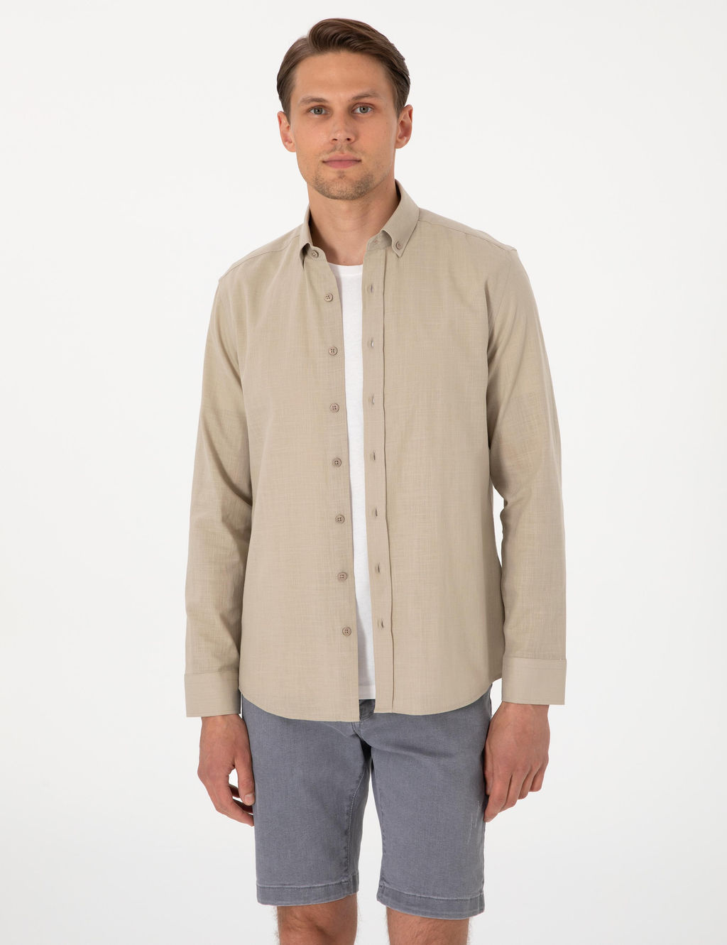 Haki Keten G_r_n_ml_ Slim Fit Uzun Kollu G_mlek - Pierre cardin фото 3