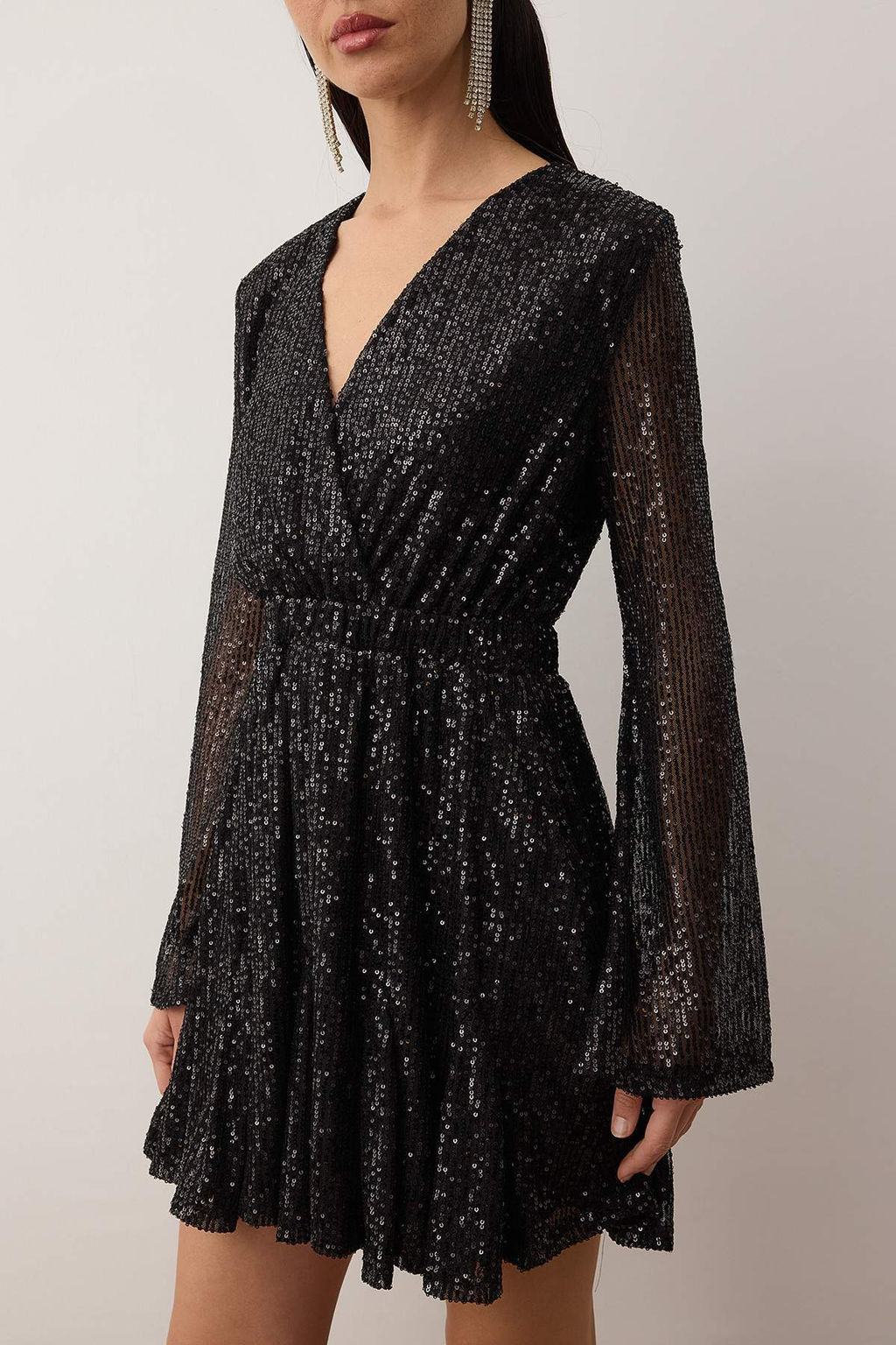 Siyah Etegi Godeli Payet K?sa / Mini Astarl? Party Elbise TPRAW26EL00122