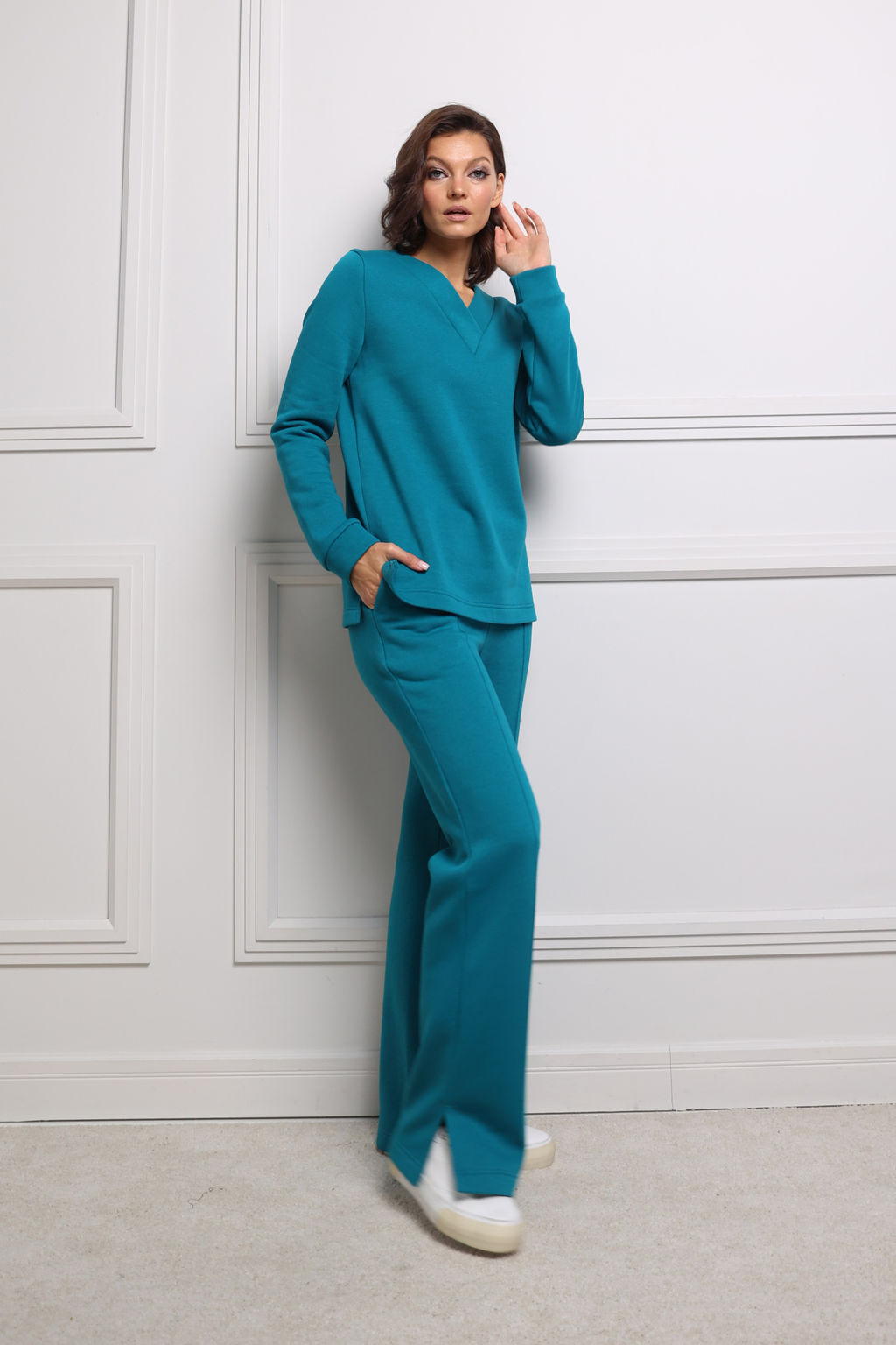 Брюки прямые с боковыми разрезами из футера с начёсом - Looklikecat фото 2