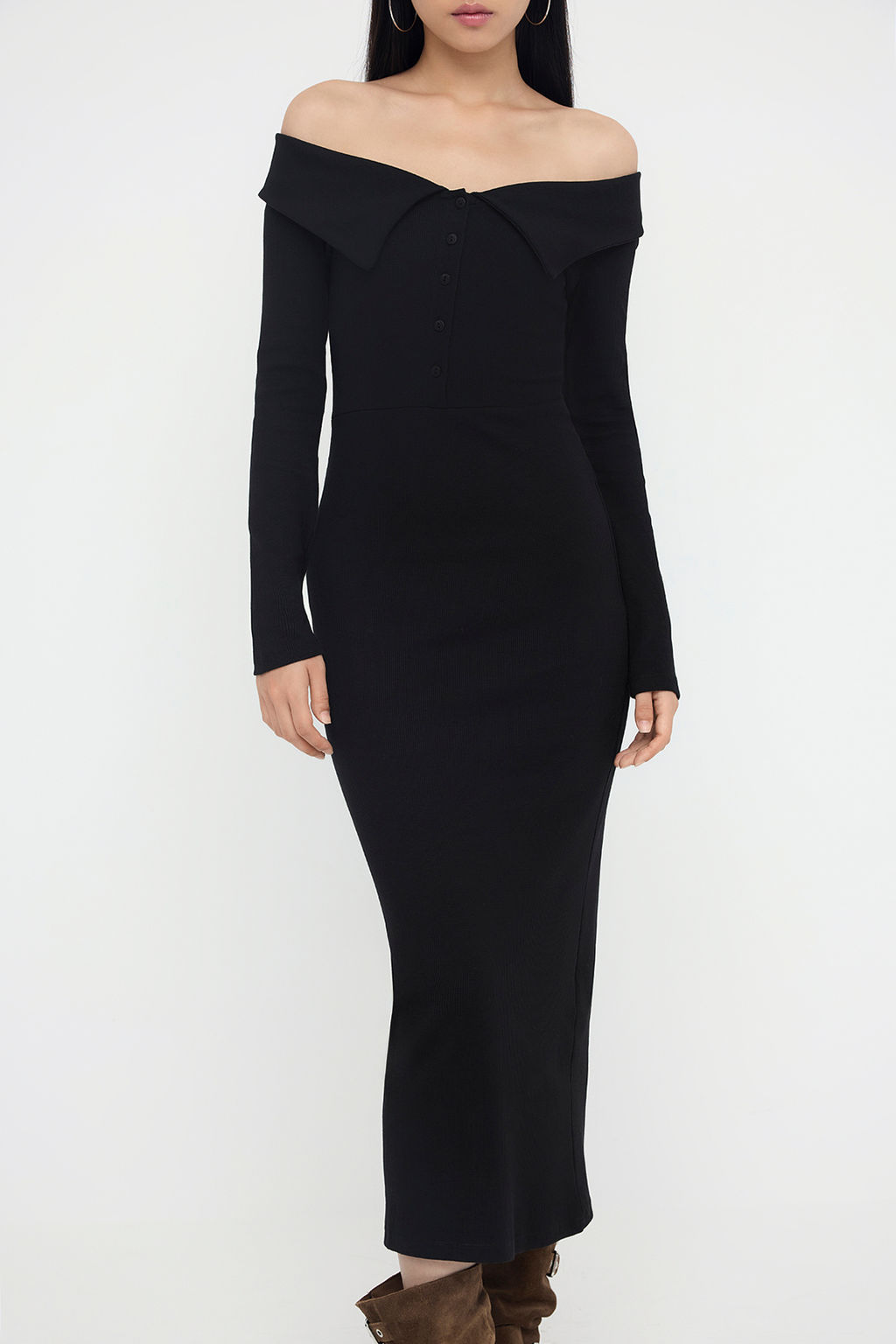 Teen Siyah Carmen Yaka Bodycone/Vucuda Oturan Fitilli Esnek Duz Maxi Orme Elbise TWOAW26EL00061 - Trendyolmilla фото 3