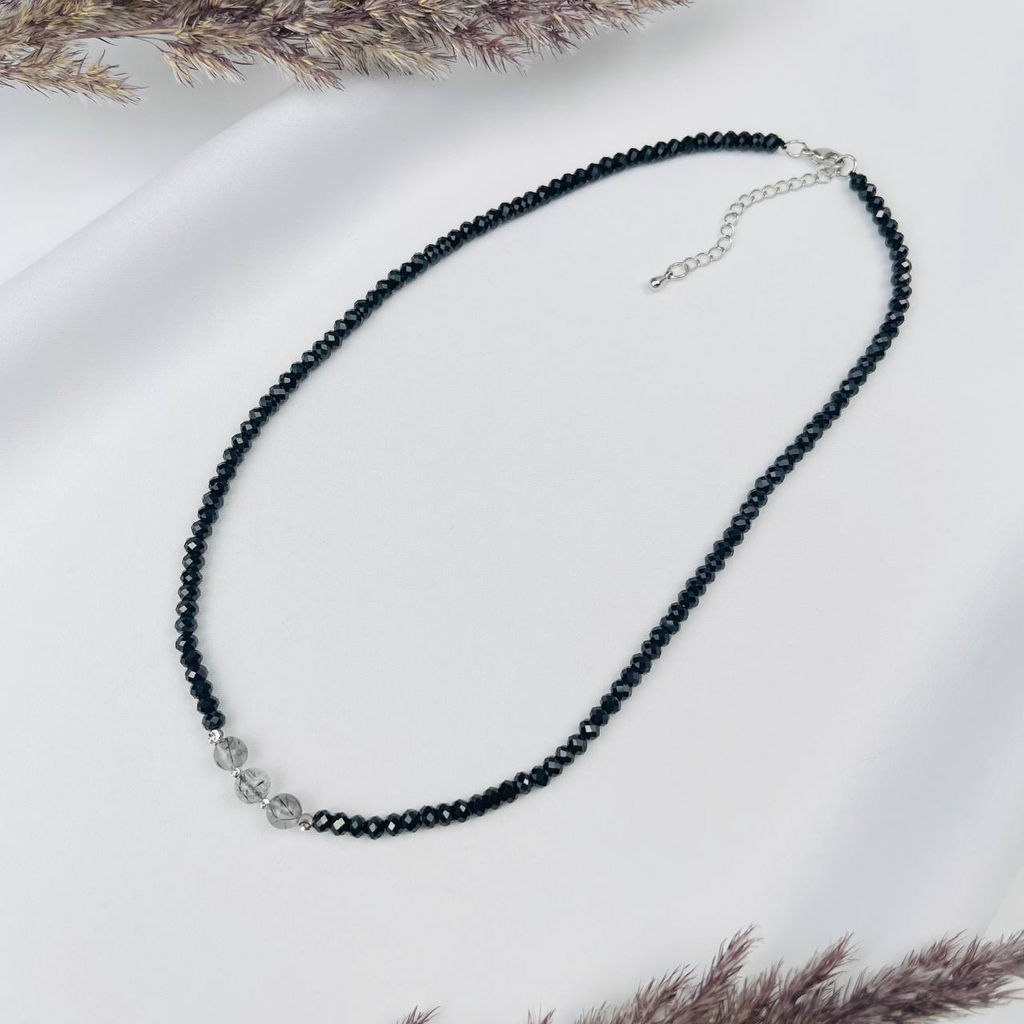 Бусы из черной Шпинели и Кварца с Турмалином 38 см +