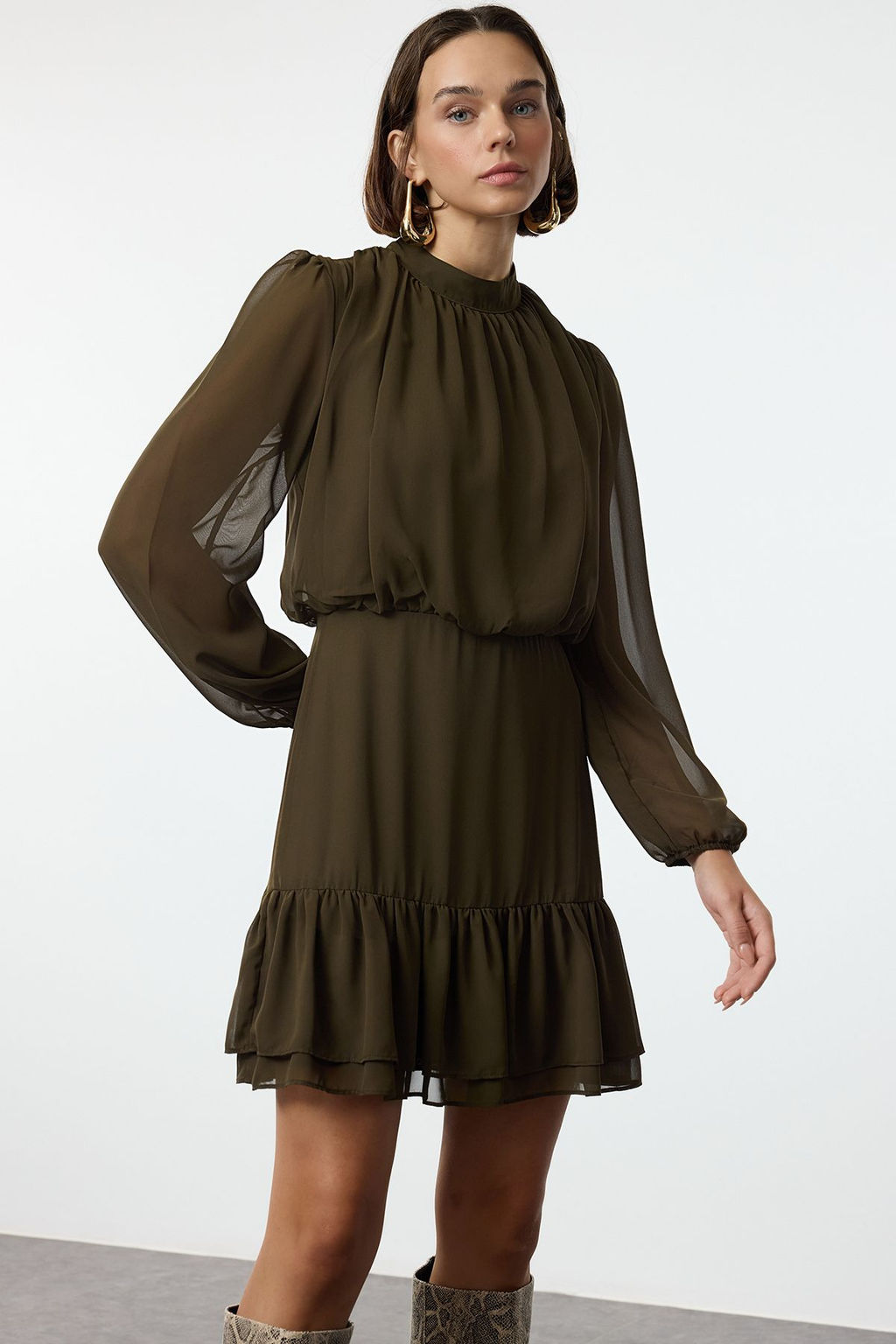 TRENDYOLMILLA Mor Etegi Volanl? Mini Sifon Dokuma K?sl?k Elbise TWOAW24EL00592  фото 2