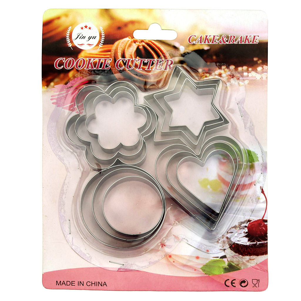 Форма для печенья из нержавеющей стали набор 12 штук: сердце - 3 штуки: 3,8х4х1,3см, 4,8х5х1,3см, 5,8х6х1,3см; цветок - 3 штуки: д4х1,3см, д5х1,3см, д6х1,3см; круг - 3 штуки: д4х1,3см, д4,8х1,3см, д5,5х1,3см; звезда - 3 штуки: 3,8х3,8х1,3см, 4,8х4,8х