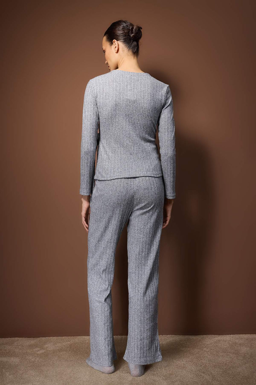 Gri Melanj Kruvaze Baglama Detayl? Fitilli Orme Pijama Tak?m? THMAW26PT00225