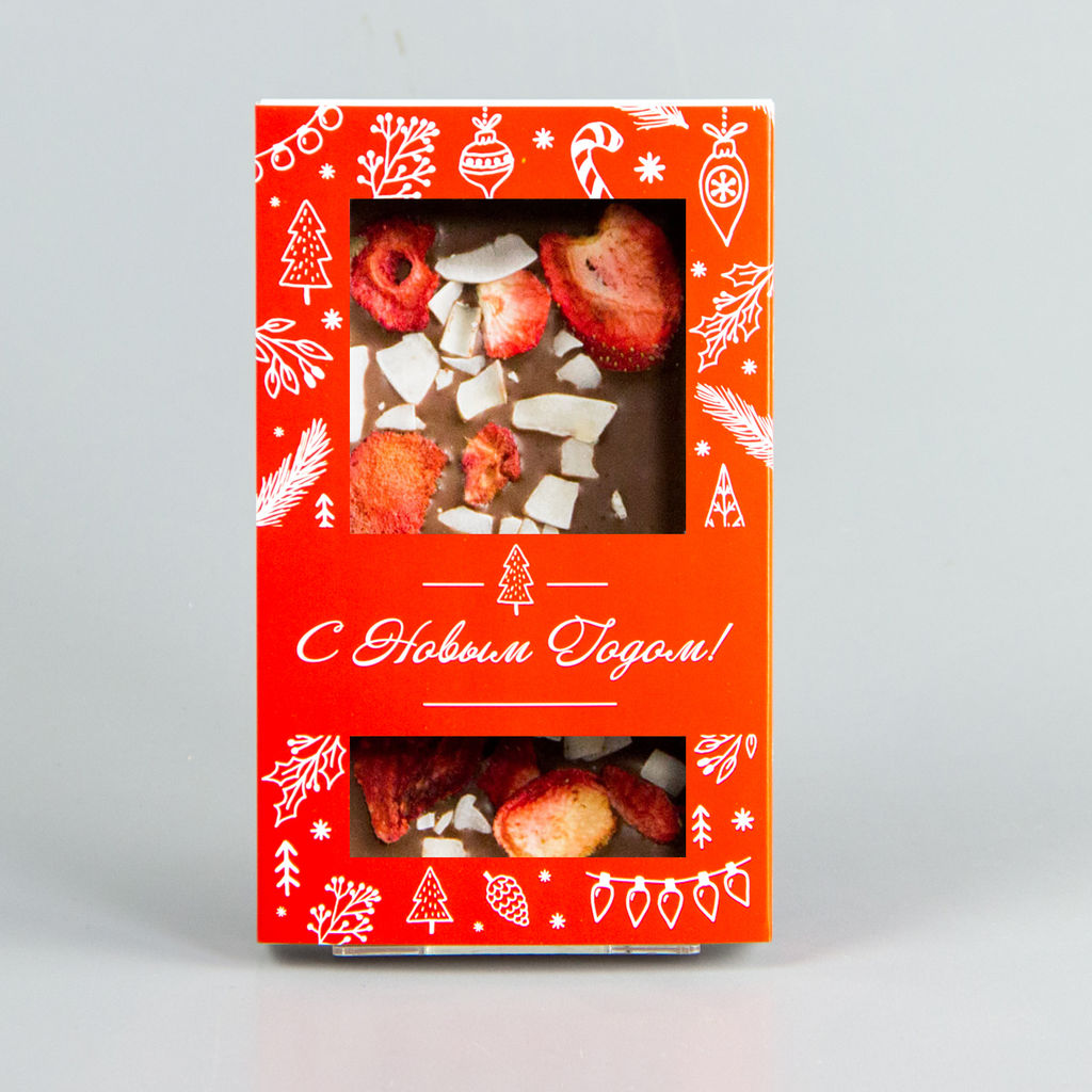 Молочный шоколад с клубникой и кусочками кокоса, красная коробочка #12, 85гр