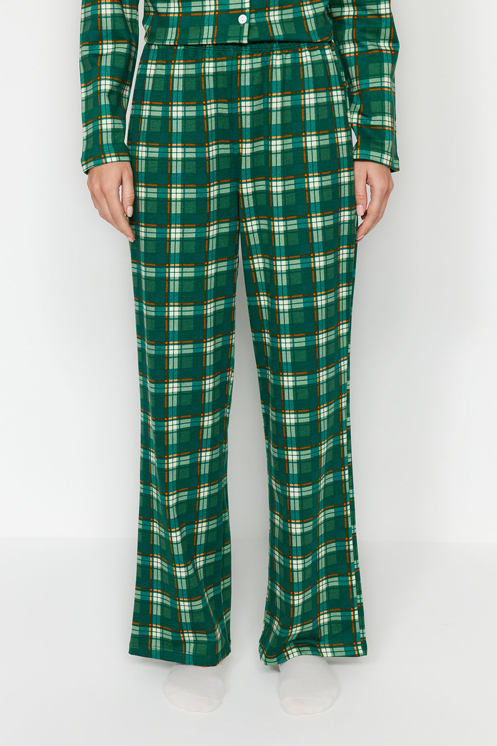 Yesil %100 Pamuklu Ekoseli Gomlek-Pantolon Orme Pijama Tak?m? THMAW24PT00252 - Trendyolmilla фото 5