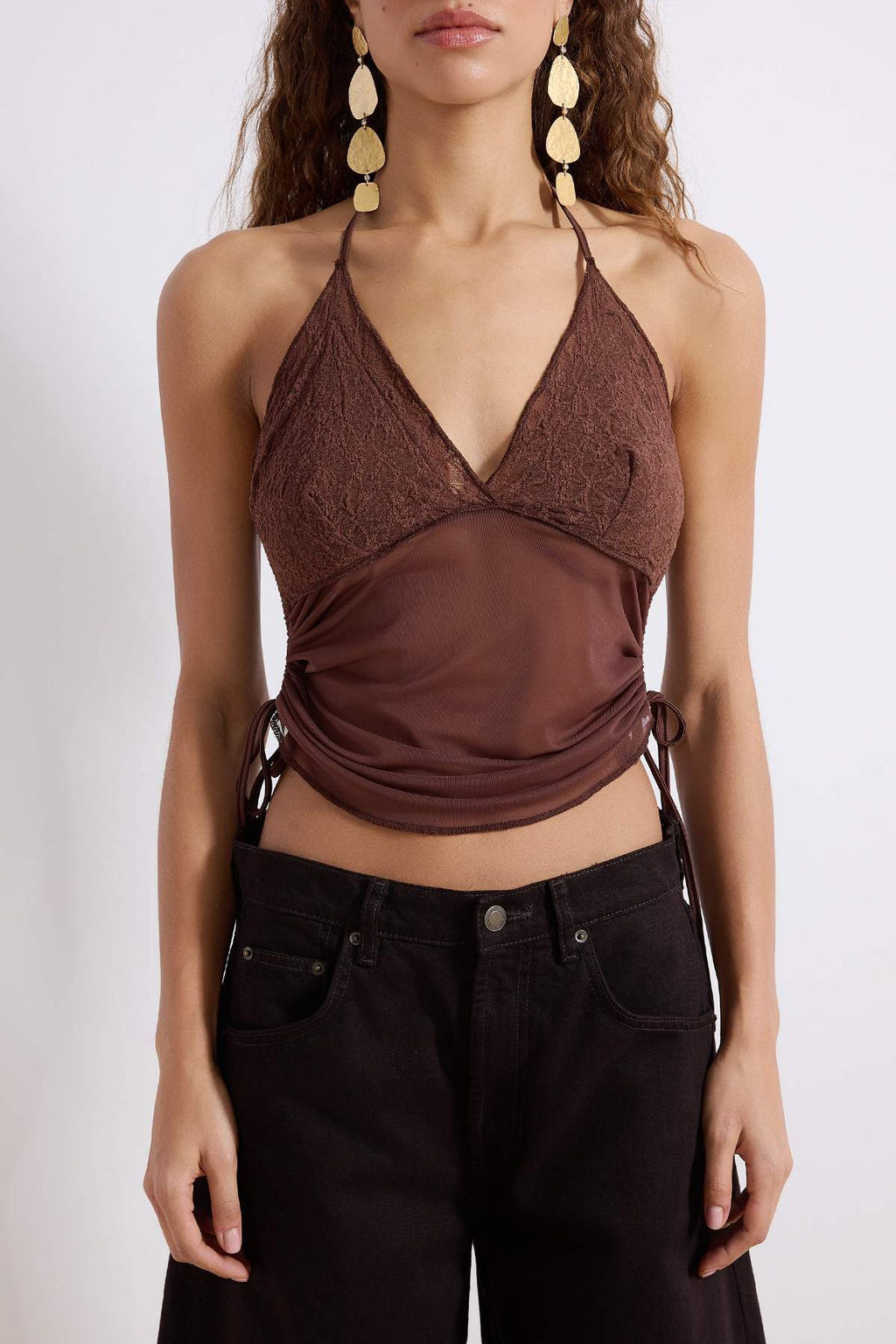 Kahverengi Dantel Detayl? Buzgulu Tul Bluz TPRSS26BZ00023