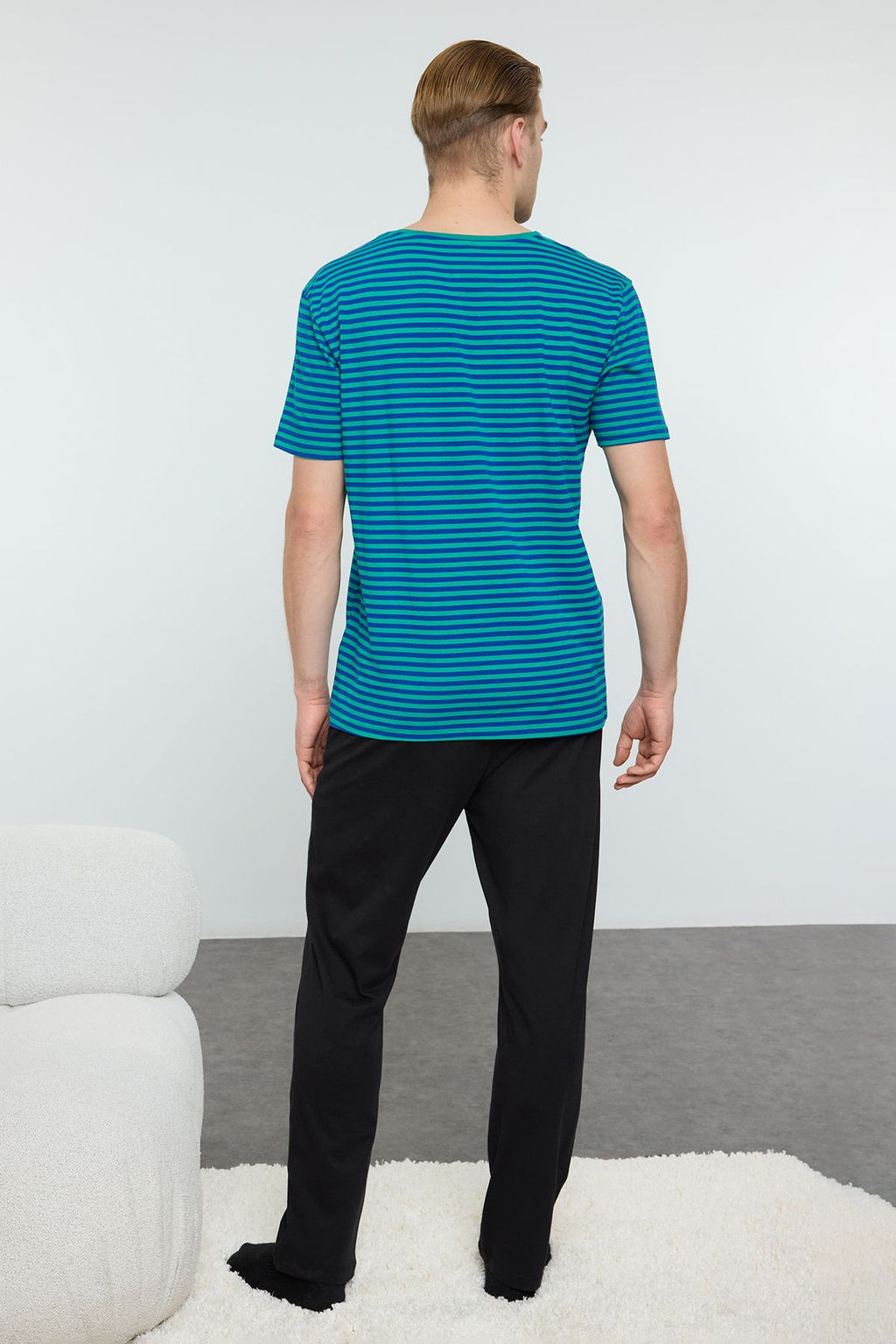 TRENDYOL MAN Saks Cizgili Regular Fit Orme %100 Pamuklu Pijama Tak?m? TMNAW25PT00020 - Trendyolmilla фото 4