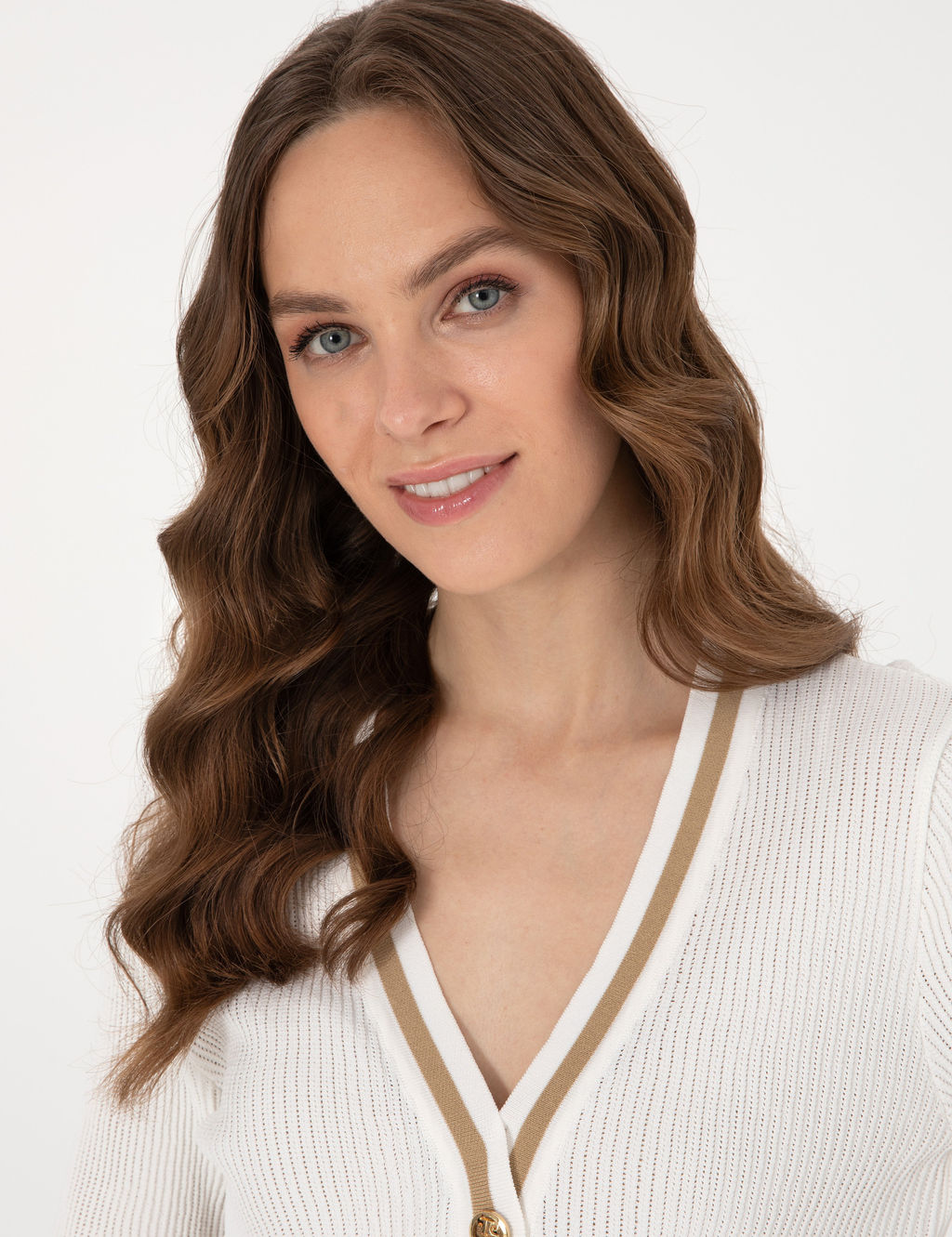 Ekru Slim Fit _izgili Triko H_rka