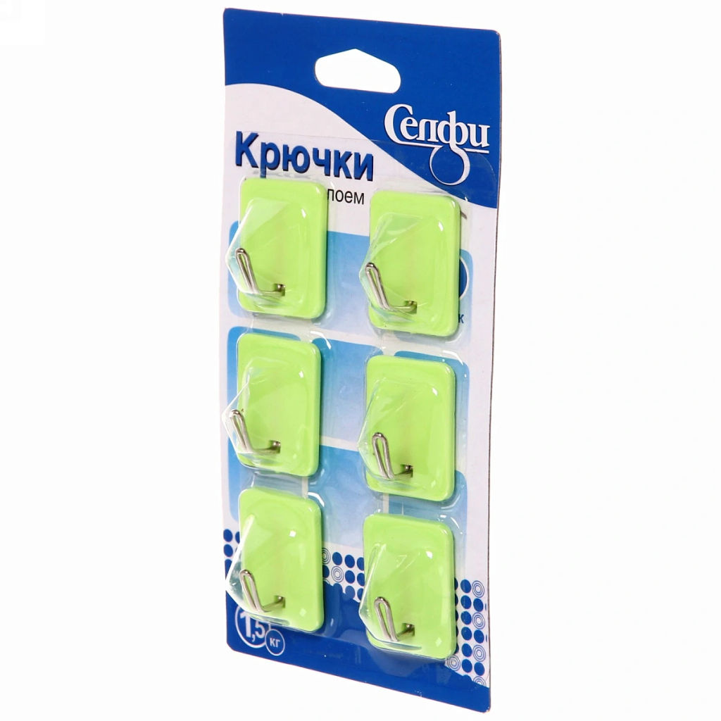 Цена за 10 шт. Крючки в наборе 6шт на липком слое "ИДЕЯДОМА", форма прямоугольник, цвет зелёная мята, нагрузка 1,5кг
